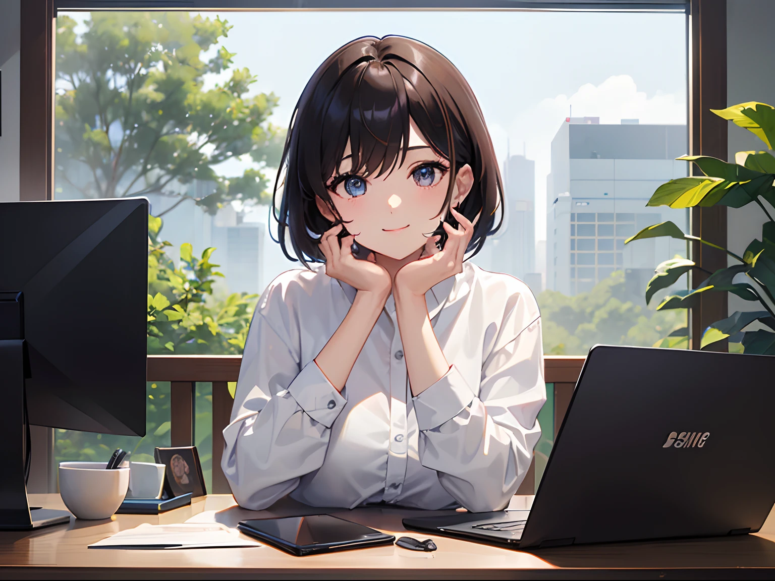 (beautiful eyes finely detailed、Face to detail、masterpiece sidelighting、​masterpiece、top-quality、detaileds、High resolution illustration)、((PC with a large screen:1.2)), ((Scene、1 persons)), (jpn、TOKYOcty、modern day、large company、A room in a high-rise building、wide angles、s Office)、,(You are using a laptop、desk work)（rcasual、Black Collarless Shirt、long-sleeve、adult lady)、(1 persons、adult-like、Female around 25 years old) ,(1girl in,The upper part of the body、from waist up、Esbian,frontage、Beautuful Women,luslous skin、see the beholder、a smile), (Short hair、Brown-eyed、)、