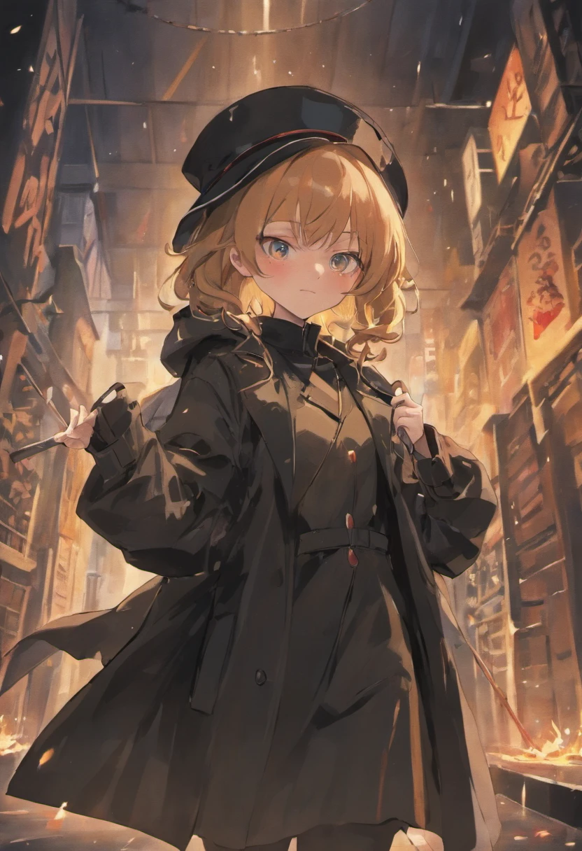 The 16-year-old girl wears a wide black trench coat and hat