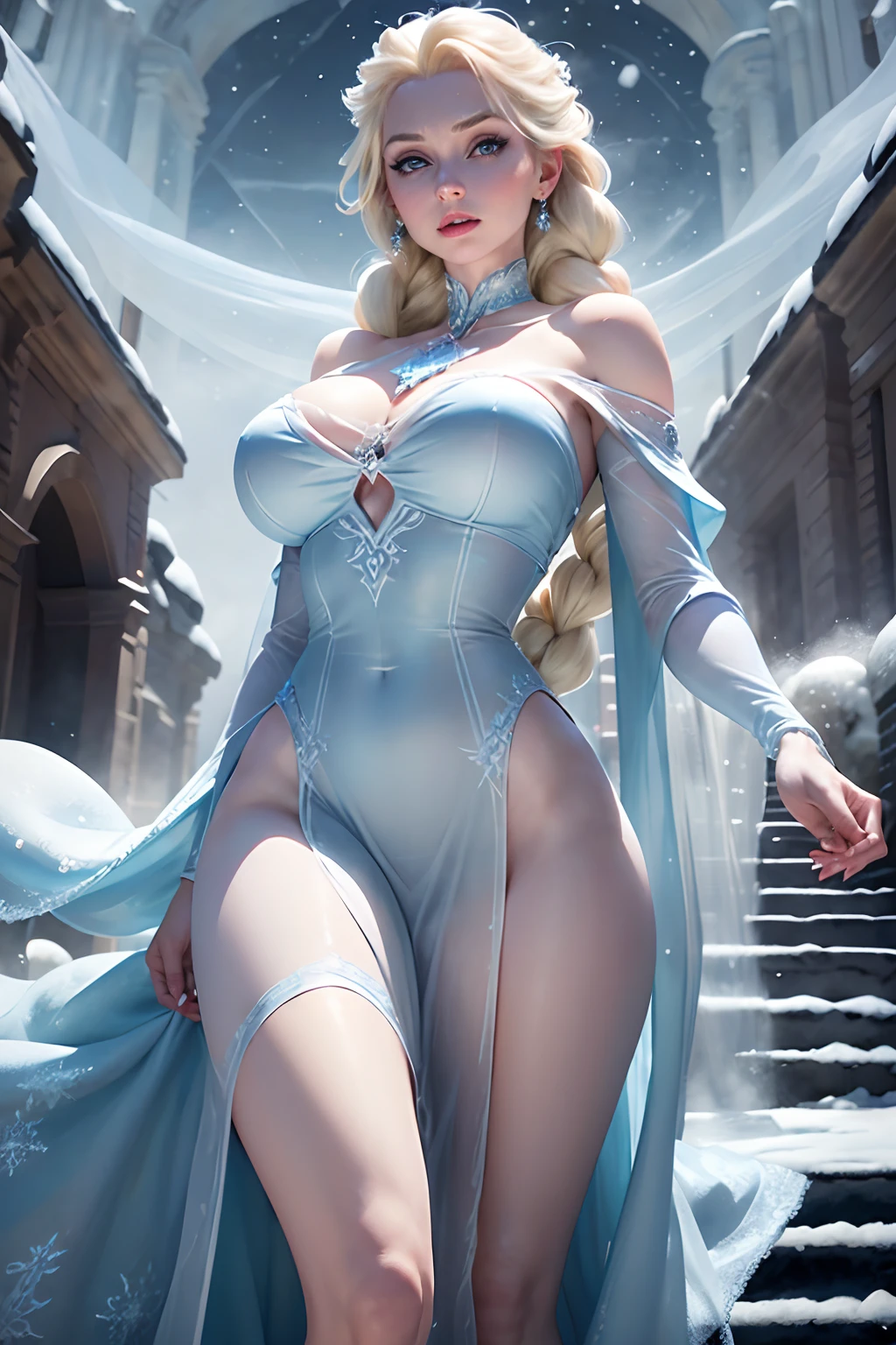 ((Elsa from frozen animated disney movie princesses series))(big glowing blue eyes)(bright red lips))((pale skin)) ((very long blonde tied with braid hairstyle with bangs))((dark eyeshadows make up))(((very huge breasts))) ((perfect slim body))((wears transparent light blue windy long dress)) (earrings, choker, stockings)((posing sexy on entrance large stairs to castle of ice))(high definition, dynamic illumination and shadows)((masterpiece))(8k)(perfect face)(best quality) (perfect hands and eyes)((ice particles floating around))((everything covered with snow and ice))