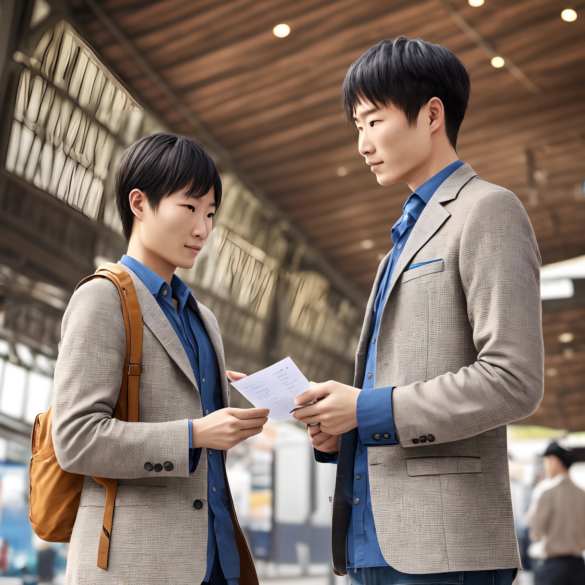 Two people, one male and one female, chatting up. The man has a piece of paper in his hand, a business license, a train station in China, Chinese people, born in 1990, gentle, distant, dressed as a Chinese farmer --auto --s2