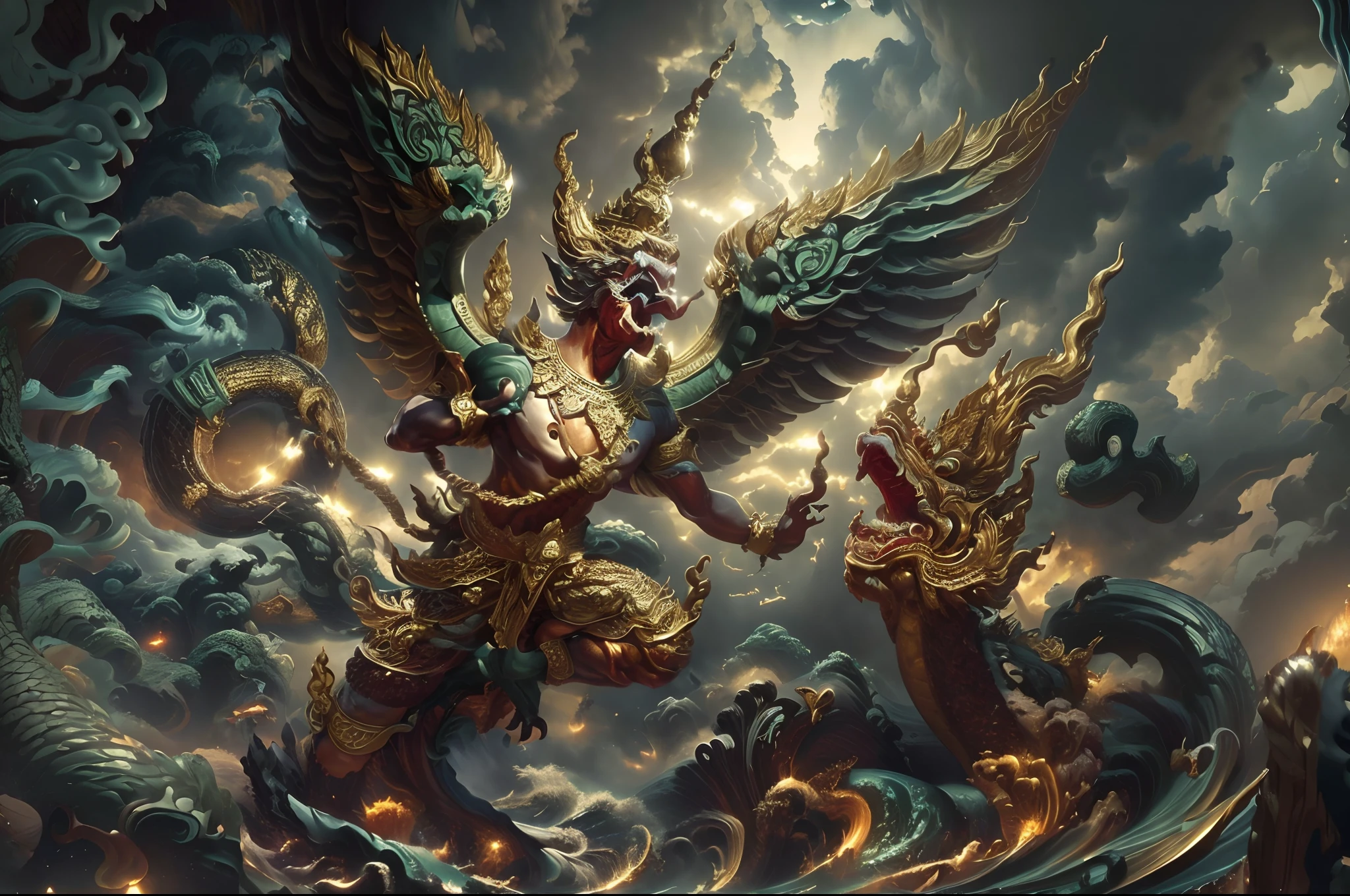 (masterpiece, best quality), (extremely detailed), absurdres, highres, PhayaKrut King Garuda on sky, fight with NagaSerpentGod in ocean, (chaos thunderstorm, large wave, Turbulent sea:1.4)