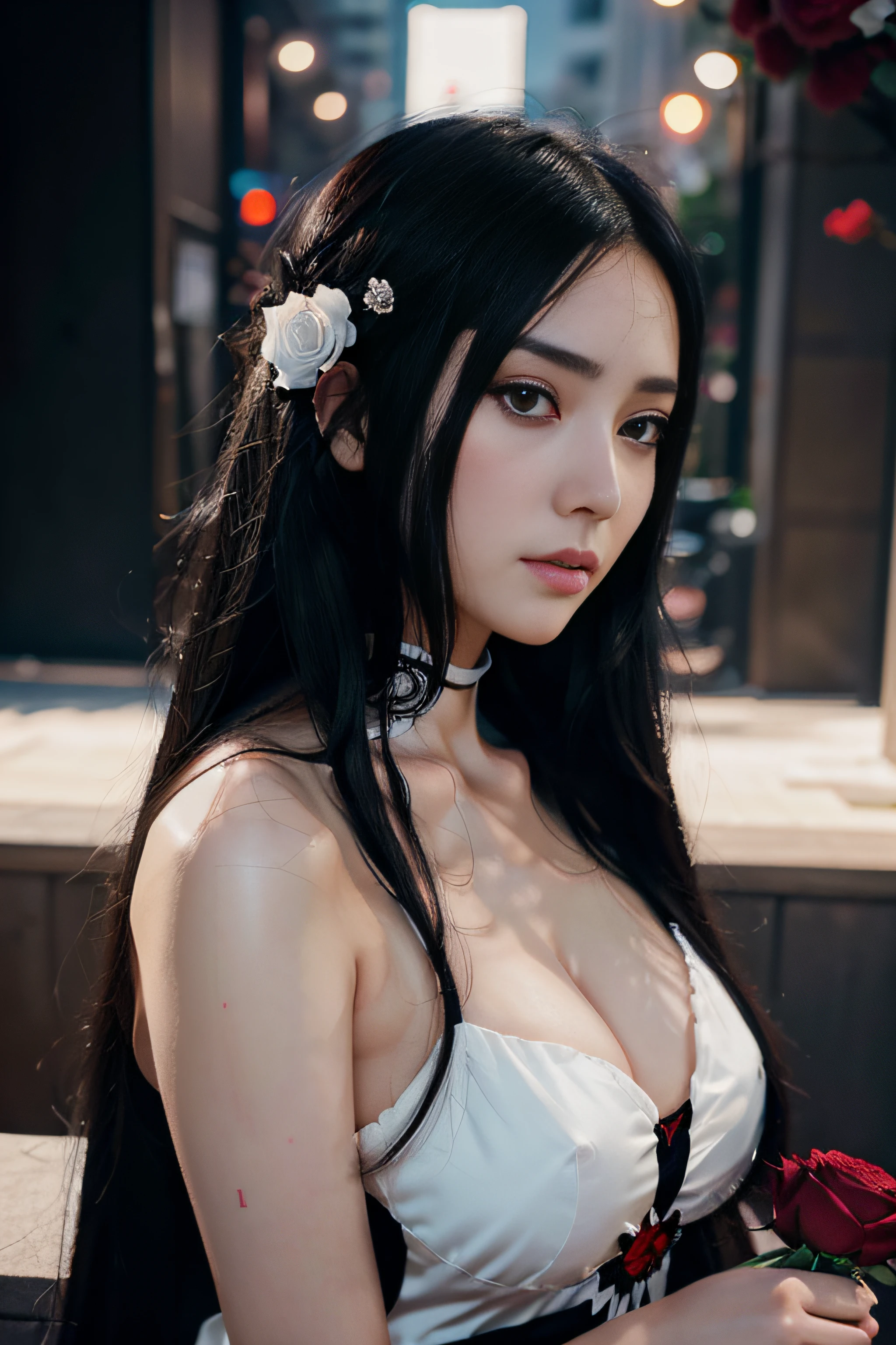 Anime girl with long black hair and white dress with red roses, guweiz, guweiz on pixiv artstation, Detailed Digital Anime Art, Beautiful anime girl, guweiz on artstation pixiv, anime style 4 k, kawacy, Beautiful Anime Portrait, detailed portrait of an anime girl, beautiful anime woman, detailed anime art