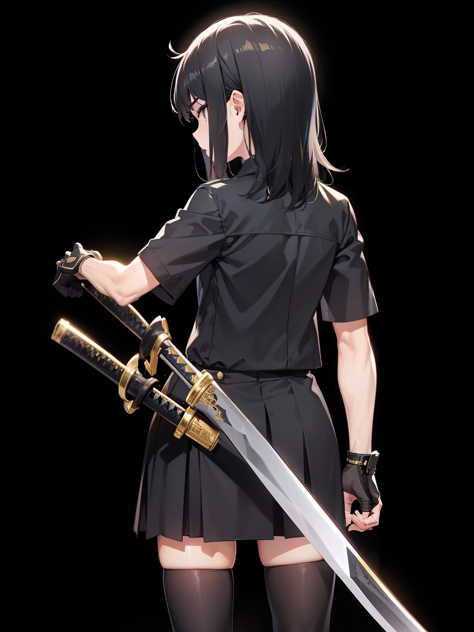 espadachim masculino, cabelos brancos, usando 1 katana embanhada, The details of the katana are black with gold accents, o espadachim esta usando roupas pretas com detalhes laranjas, emana uma aura negra maligna