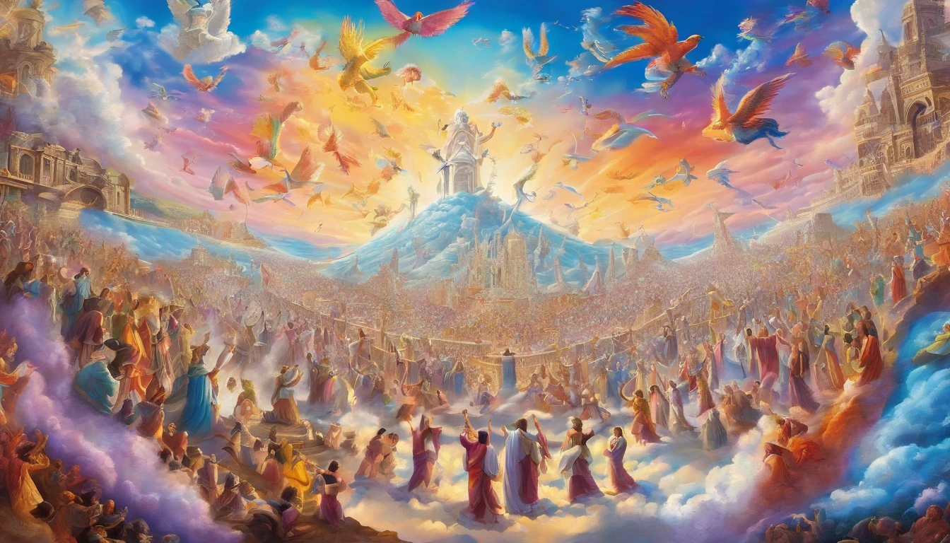The Rapture ,Thousands of people are floating in the air,Standing on the clouds, Thousands of people are dressed in white, Raise your hands and sing hymns to praise God. The scenes are magnificent and surreal. (Best Quality, 4k, 8K, high resolucion, Masterpiece:1.2), Ultra-detailed, (realisitic, Photorealistic, Realistis:1.37), portrait of a, Vivid colors, studio lit, Sharp focus, physics based rendering, extreme detail description, Biblical Topics, grand ambience, radiant light.