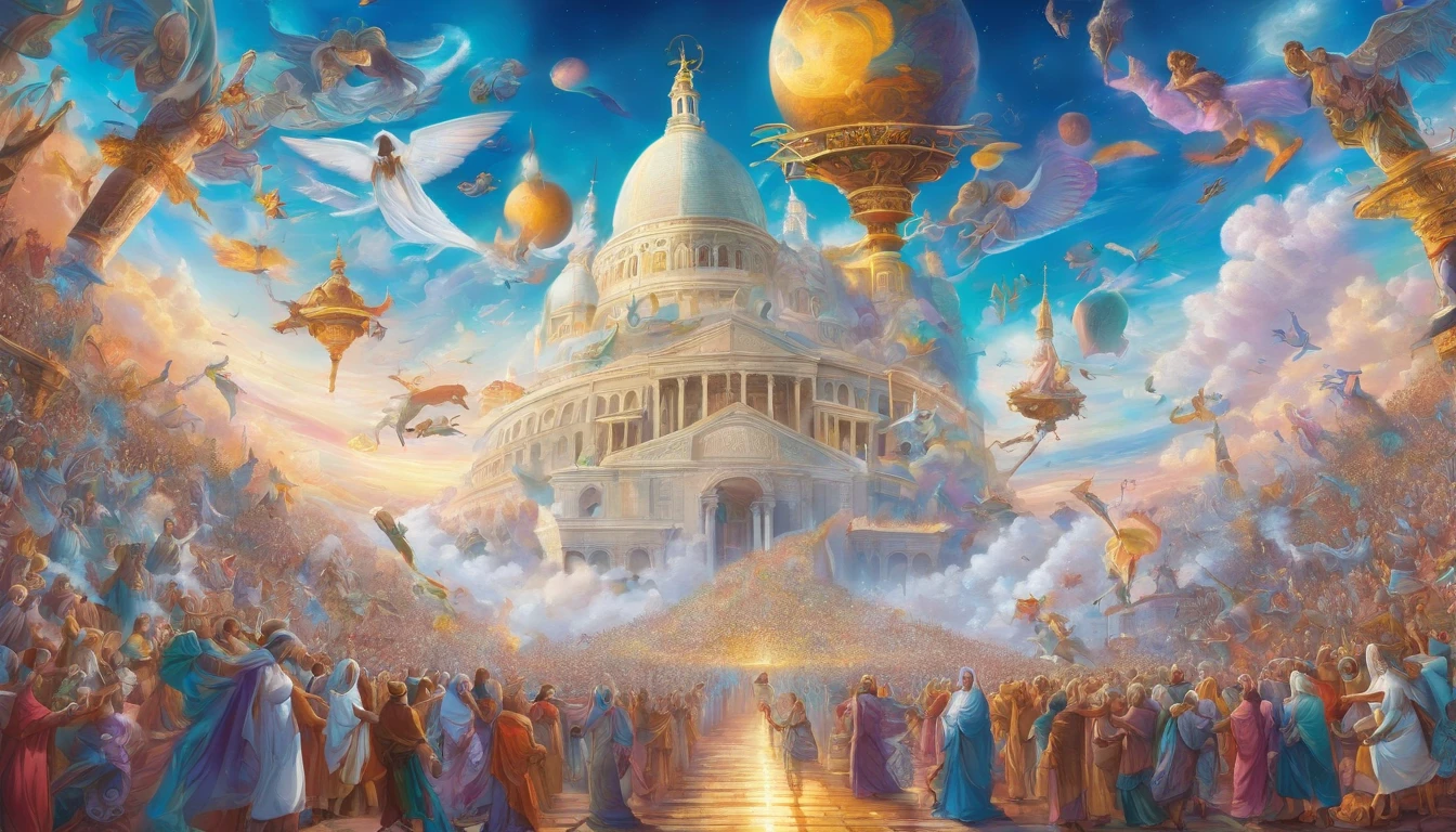 The Rapture ,Thousands of people are floating in the air,Standing on the clouds, Thousands of people are dressed in white, Raise your hands and sing hymns to praise God. The scenes are magnificent and surreal. (Best Quality, 4k, 8K, high resolucion, Masterpiece:1.2), Ultra-detailed, (realisitic, Photorealistic, Realistis:1.37), portrait of a, Vivid colors, studio lit, Sharp focus, physics based rendering, extreme detail description, Biblical Topics, grand ambience, radiant light.