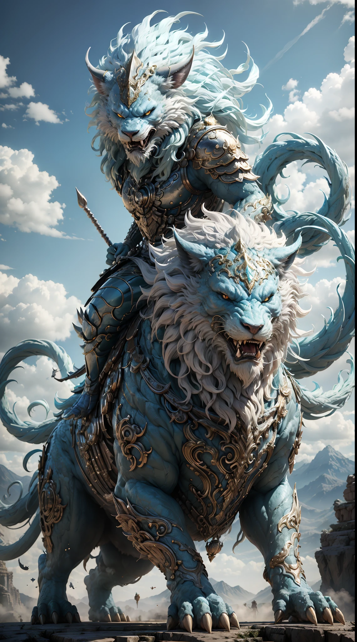 Great Wilderness East Meridian，dream-state、fanciful、A mythical beast anthropomorphic、banya，tmasterpiece，Toenails，pale-blue，sickle，salama，Layered hair，火焰，white colors，Fur，pastel green，Riding，metall armour，超高分辨率，high high quality，Export details