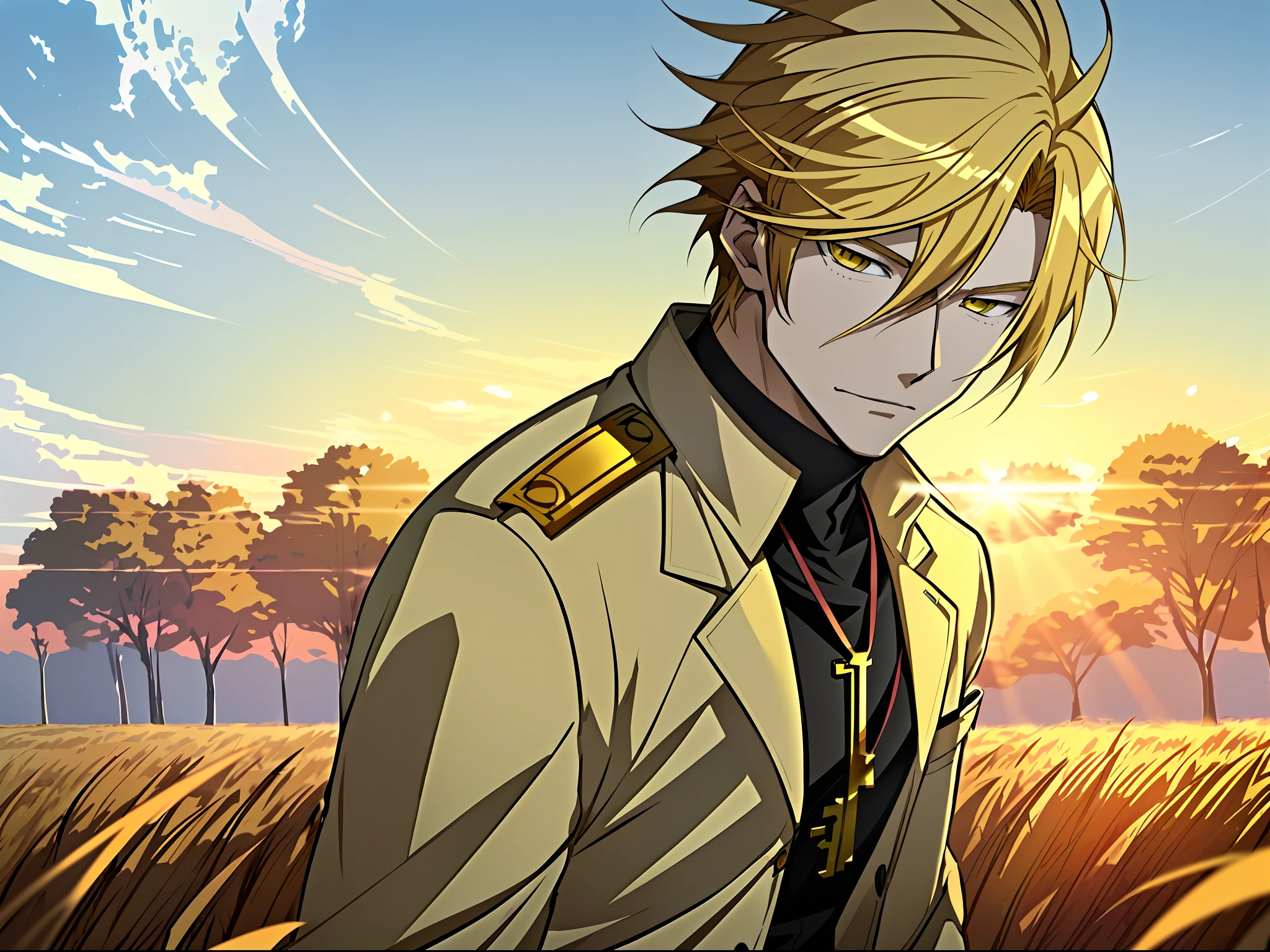 Anime boy in rye field with sunrise background, Anime handsome man，Blonde hair，yellow cat eyes，White trench coat，White color blouse，Golden decoration, Anime portrait of a handsome man,holy rays，With a sense of sacredness，Official illustration, offcial art, young anime man, Key anime art, Smooth anime CG art, Handsome anime pose