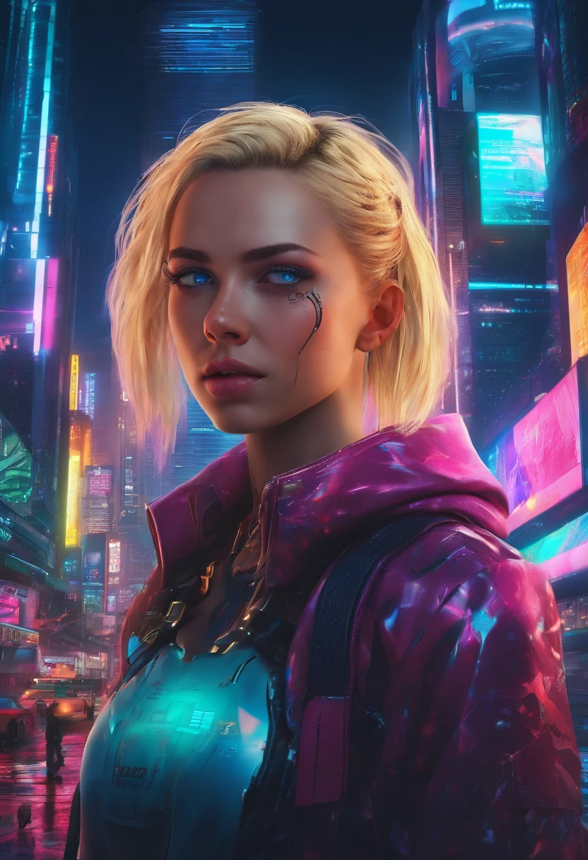 Girl with blonde hair and big blue eyes, Against the backdrop of the world of tomorrow, Driven by Artificial Intelligence, in a very realistic 8K photo