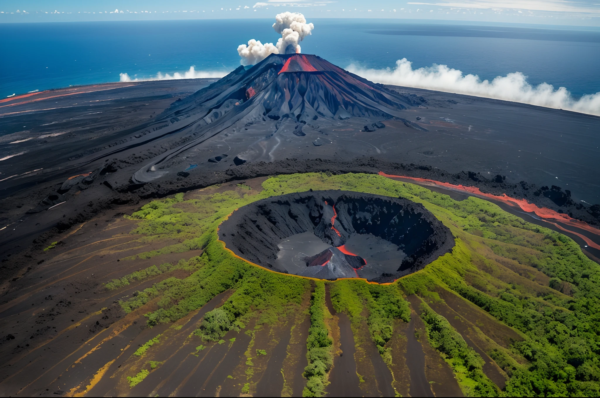 A island in middle of the sea, exuberant tropical vegetation surrounding ((1 black volcano)) that starts a small eruption, paths of hot lava, lava starts to flow down of the crater, small volcanic cloud. Highly detailed, aerial view.