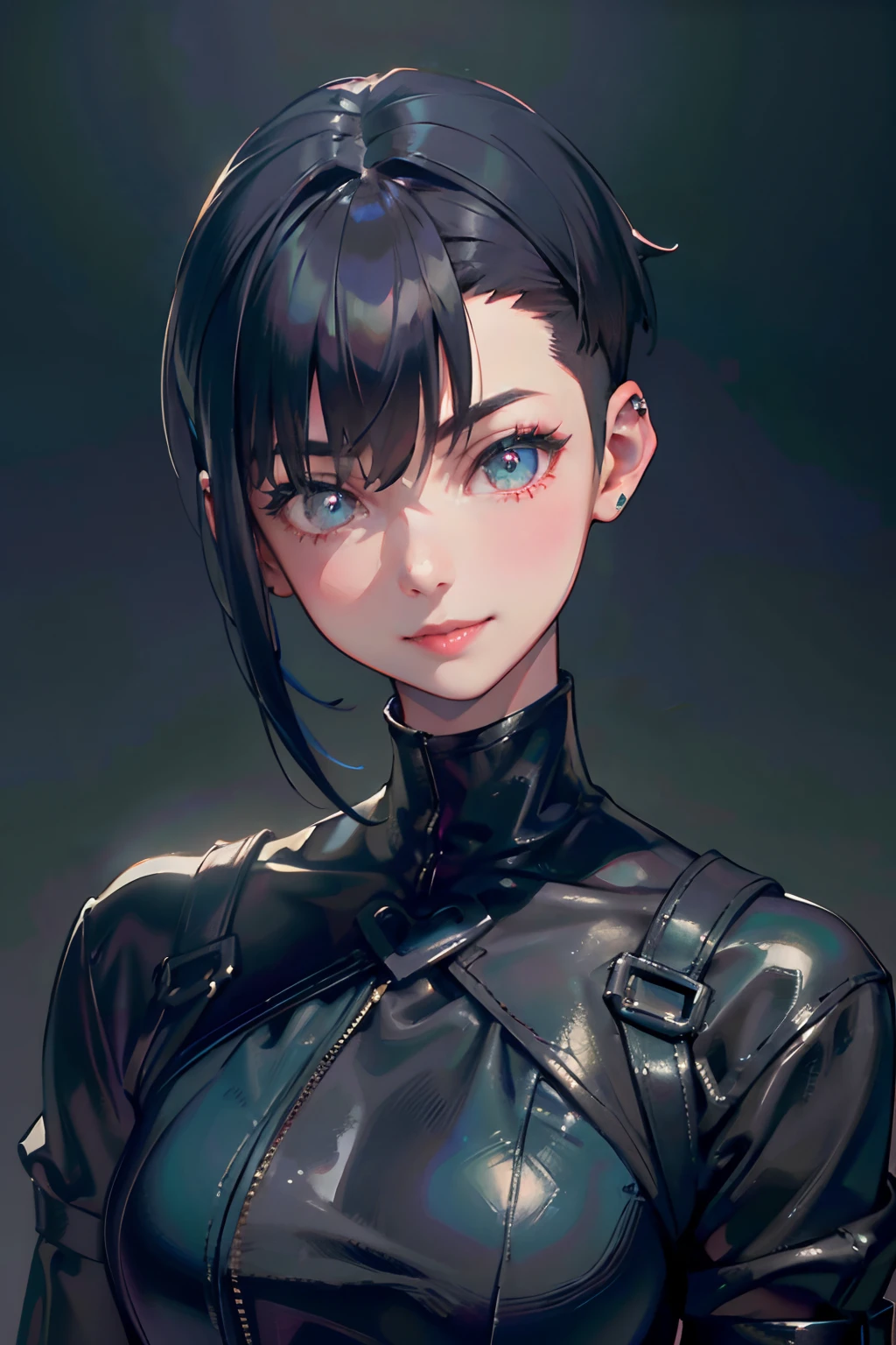 a 20 yo woman、Black blue Hair、Bery short hair、Big smile、(hi-top fade:1.3)、dark themed、Muted Tones、Subdued Color、highly contrast、background green、(natural skin textures、Hyper-Realism、Soft light、sharp)