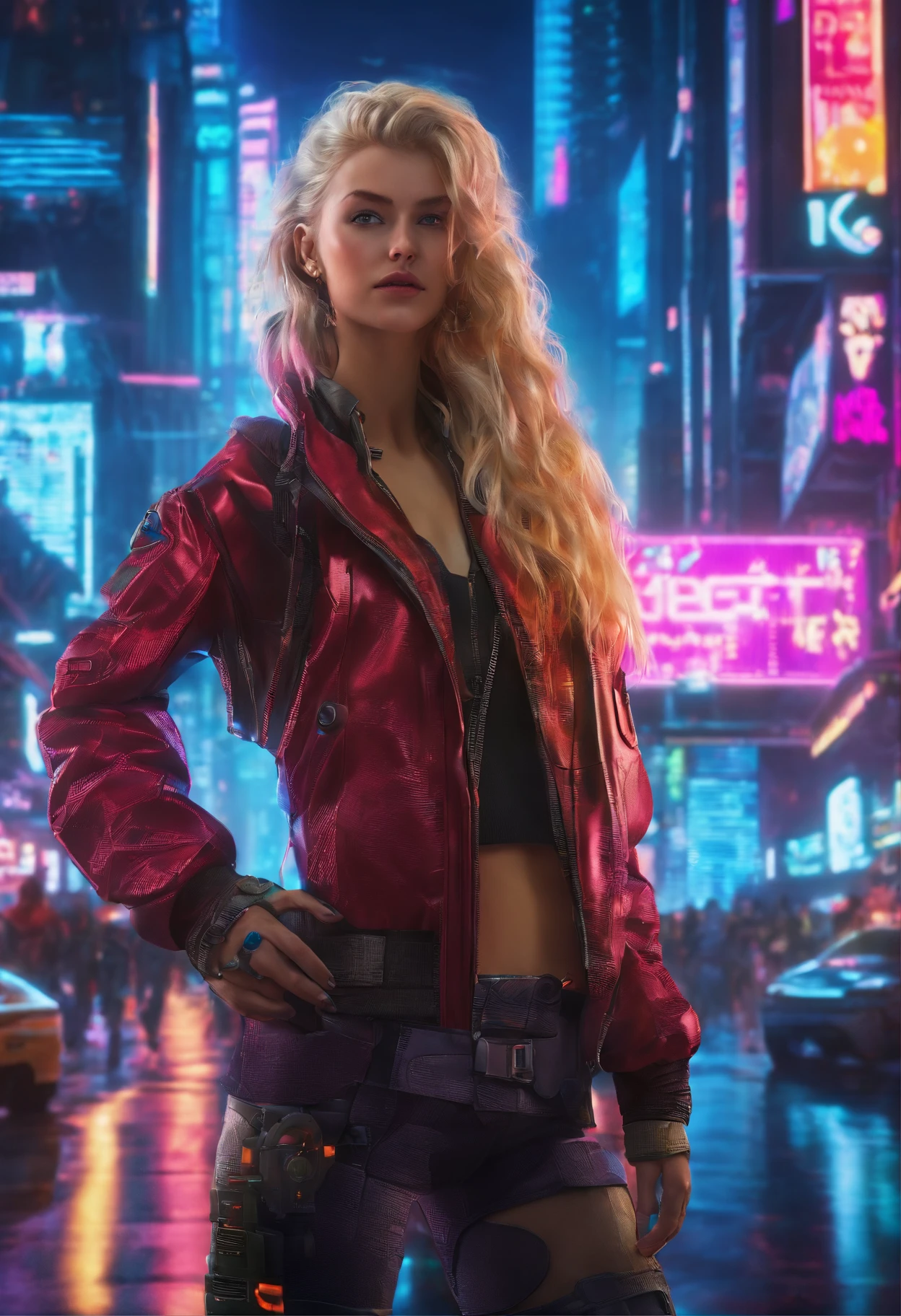 Girl with blonde hair and big blue eyes, Against the backdrop of the world of tomorrow, Driven by Artificial Intelligence, in a very realistic 8K photo