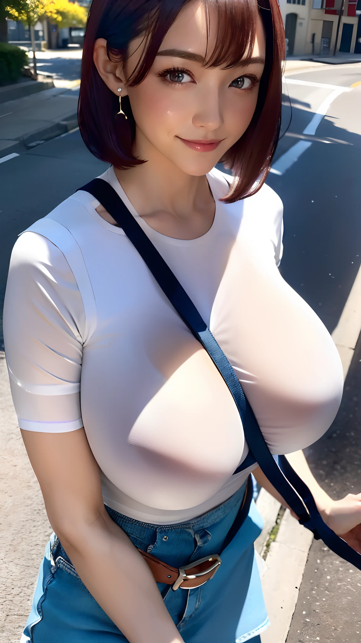 (8K、超A high resolution、The ultra -The high-definition、An ultra-high picture quality、Ultrarealistic、Best Quality、masuter piece)(White polo shirt、Pretty short hot pants、espadrilles、Sheer BRA:1.3)(quite massive chest、Pretty big breasts、Hang a toned body messenger bag diagonally:1.7)(adult lady、Black hair short bob:1.2)(Walking on the street:1.1)