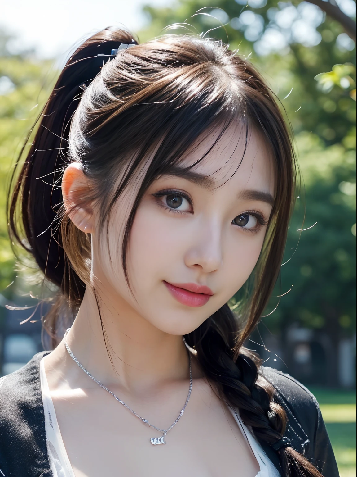 ((((top-quality))))、(((Ultra Precision CG16K Wallpapers)))、(((masterpiece)))、(((ultra-detailliert)))、(((Ultra-extreme details)))、One woman、a matural female、24-year-old woman、((Japanese face))、((extremely beautiful face))、(braided ponytail)、Bangs up to the eyebrows、Beautiful brown hair、Beautiful delicate eyes、Brown eyes、lofty nose、small nostrils、seductive lips、Half-open mouth、Beautiful breasts、C-cup size breasts、cleavage of the breast、Beautifully proportioned proportions、perfect anatomia、Beautiful and detailed shading、Beautiful natural lighting、Beautiful detail glow、depth of fields、(((a high chroma)))、((realisitic:1.9))、((Beautiful skin))、((Skin texture))、((Vivid:1.4))、dynamic ungle、((cowboy shot))、((front shot))、((A slight smil))、Bright sunshine、((a park))、(Background blur)、((Pink blouson))、(Silver necklace)、