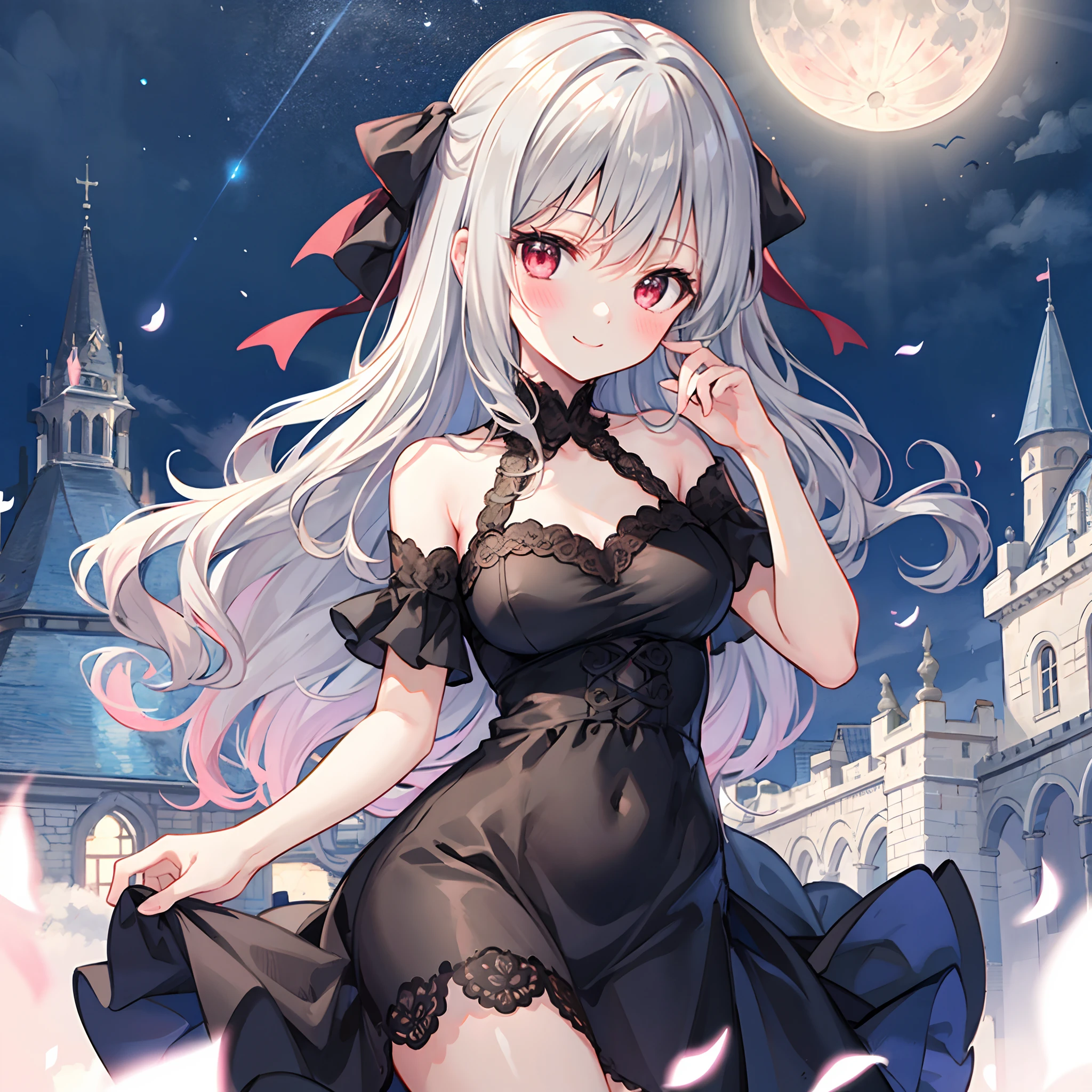 Wavy Gray Hair、red eyes、One Beautiful Girl、red blush、Black Dress、Midnight、a smile、Western castles、a moon