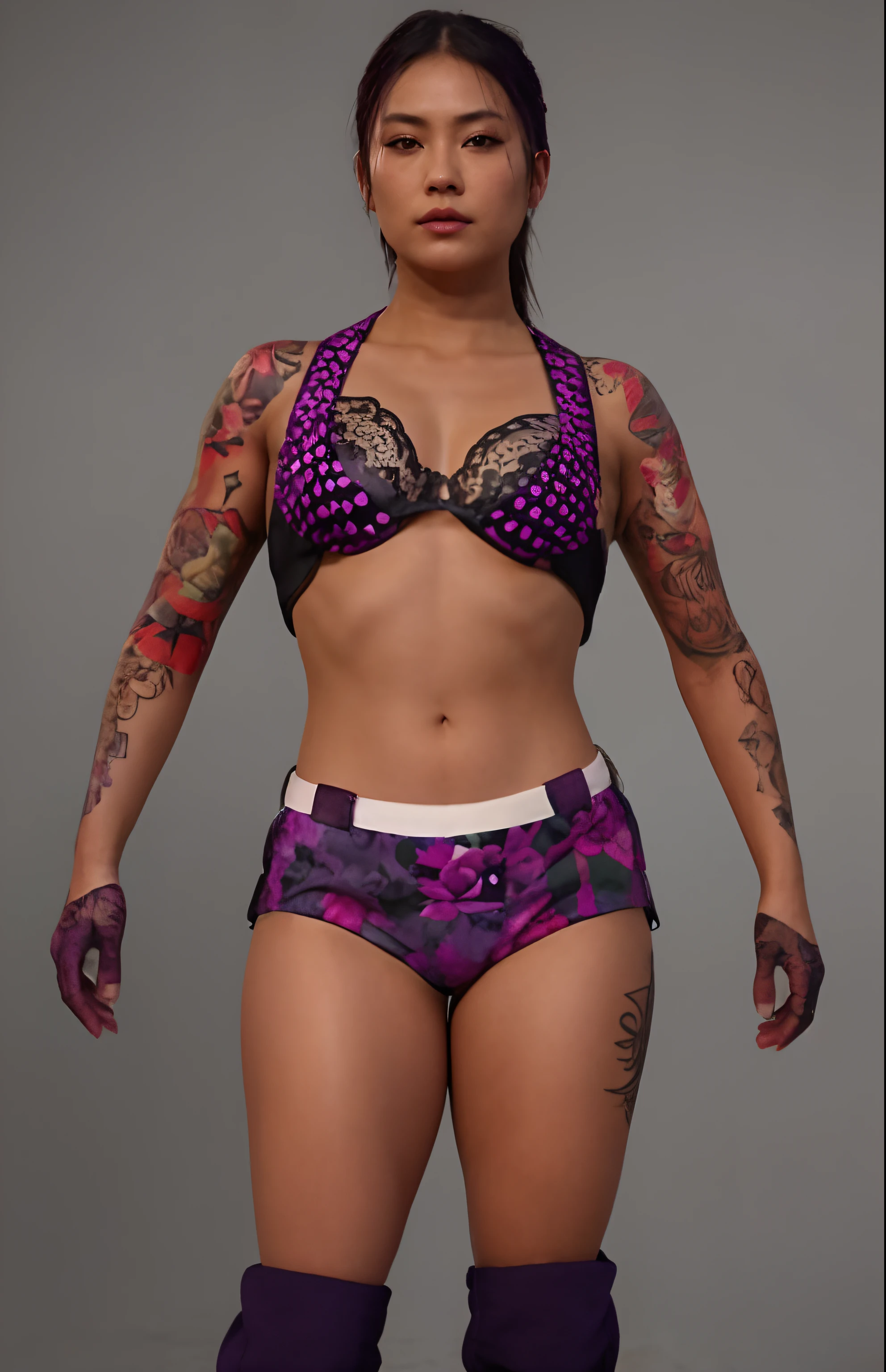 Japanese Woman Wearing Heavy Makeup, en bikini violet et culotte violette posant pour une photo, Fully tattooed body, Beautiful realistic upper body, diesel punk female, tattooed body, Detailed upper body, Muscular ultraviolent woman, Highly detailed upper body, GTA 5 teint, soutien-gorge et shorts streetwear, highly detailed full body, En tant que personnage dans Tekken, highly detailed body, peau de tanny