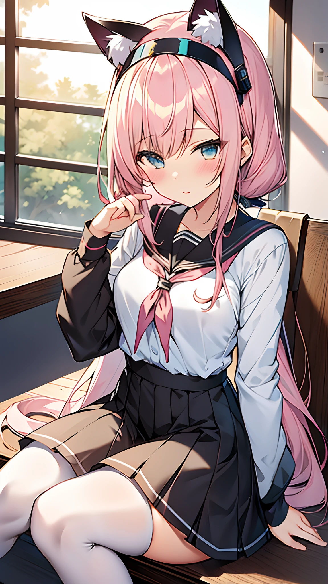 Anime girl sitting at the window, short pink hair, Cat ears on her head, wearing japanese school uniform, White stockings, From Girl Front, Girl Front Style, exquisitedetails. Girl Front, trend in cgstation, Kantai Collection Style, Gutis-style artwork, Gditz, trend in cgstation, Surreal Schoolgirl, Azure lane style, Girl Frontline CG, Seductive Anime Girl