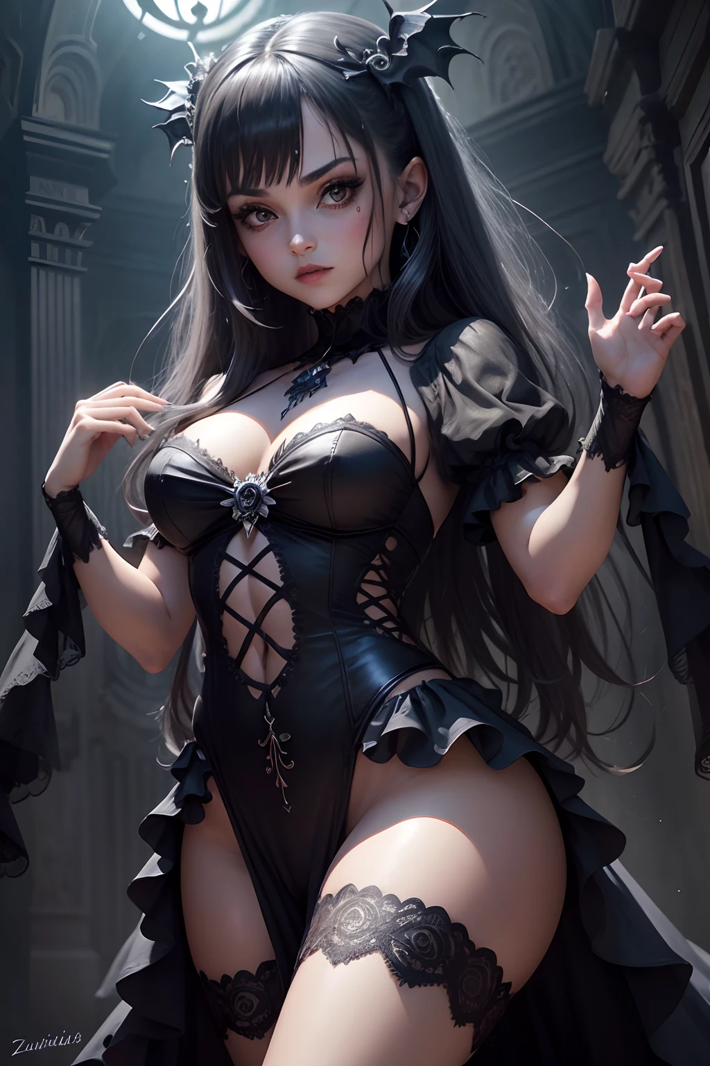 (Bruxas de Halloween, zumbis sexy, e coleta de vampiros), cores brilhantes, atmosfera estranha, maquiagem detalhada, fundo misterioso, Gothic style, lowkey lighting, olhos brilhantes, poses encantadoras, encantamento, Tema Fantasia, Seductive Expressions, figurinos elaborados, poses sedutoras