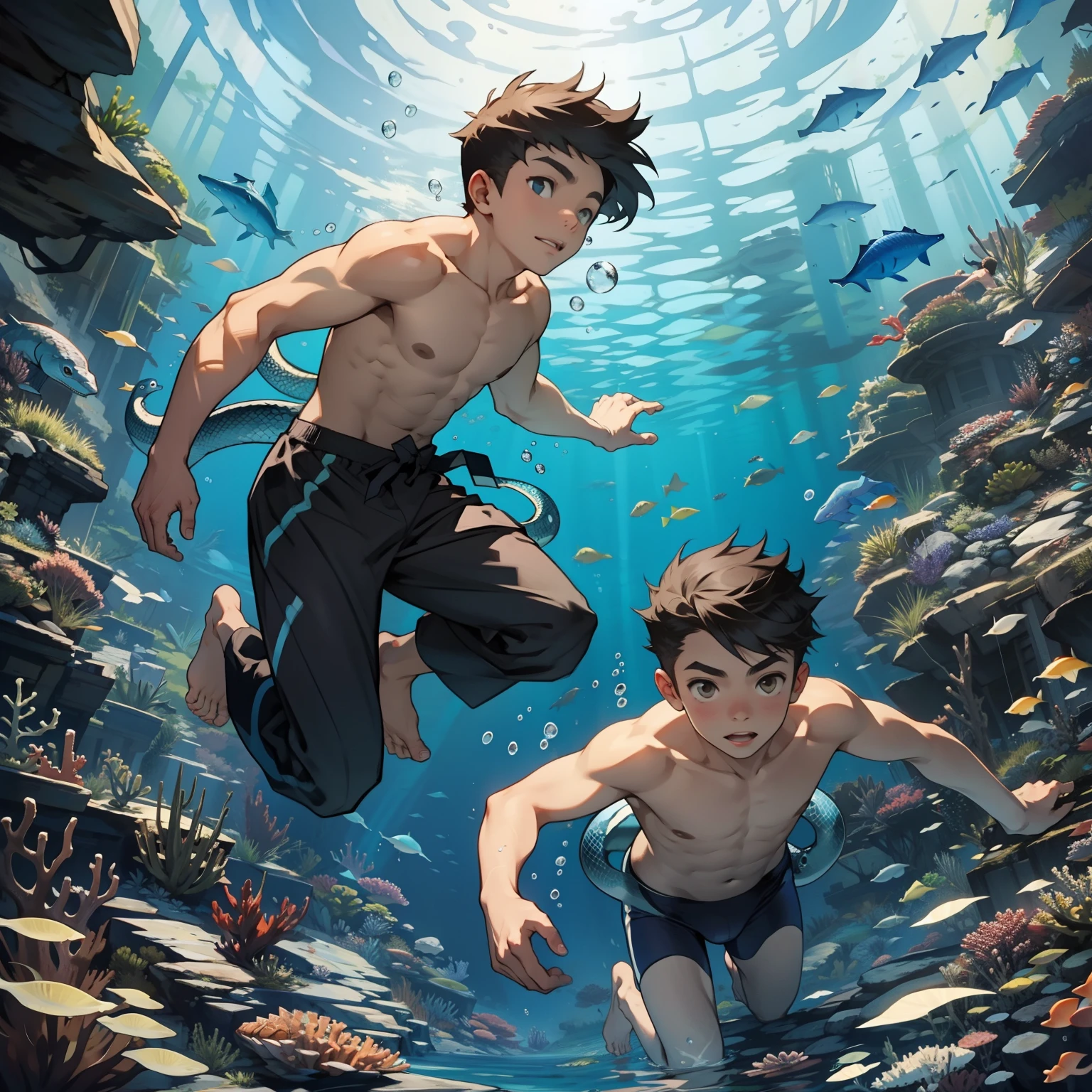 Two boys swimming at the bottom of the sea,water snake