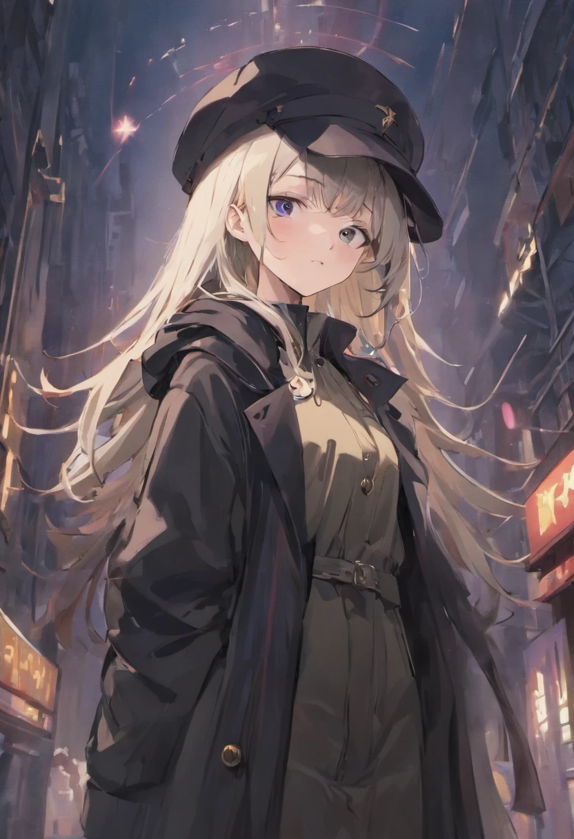 A 16-year-old girl with white or black hair wears a black trench coat and hat