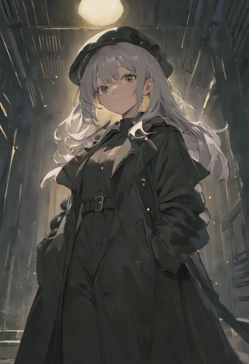 A 16-year-old girl with white or black hair wears a black trench coat and hat