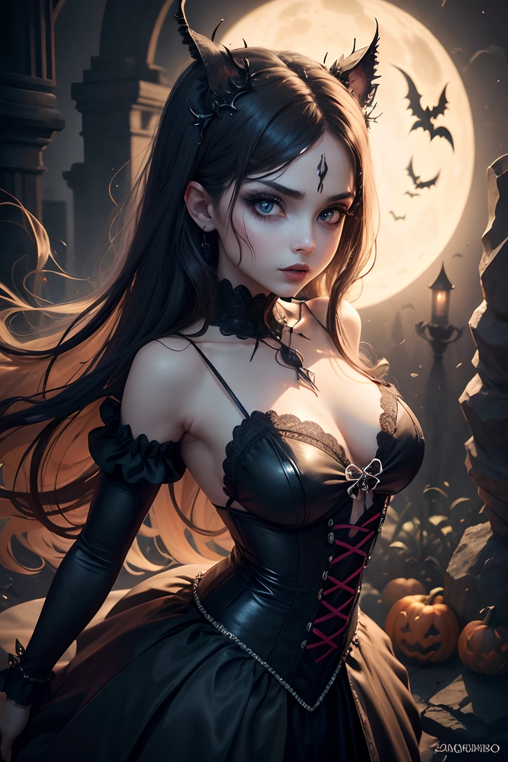 (Bruxas de Halloween, zumbis sexy, e coleta de vampiros), cores brilhantes, atmosfera estranha, maquiagem detalhada, fundo misterioso, Gothic style, lowkey lighting, olhos brilhantes, poses encantadoras, encantamento, Tema Fantasia, Seductive Expressions, figurinos elaborados, poses sedutoras