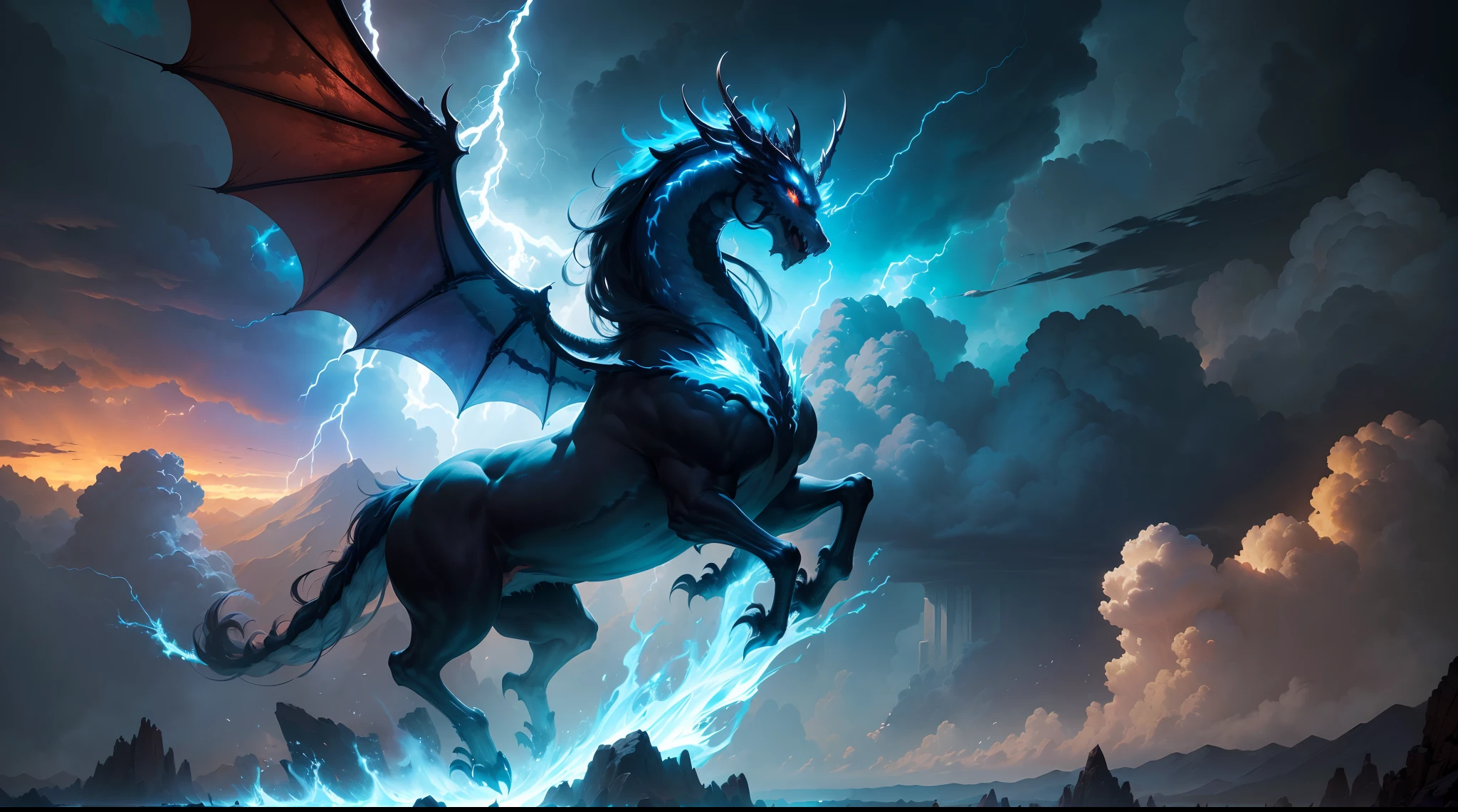 (The main subject: Wide-angle lens), The flame is light blue,[（multicolor，chinesedragon+banya+flowing mane+sharp claws and fangs)+(Dynamic and powerful wings）], Lightning,dramatic clouds,(Deep depth of field), rich details​, (Wide sky), (sense of vastness),Energy and vitality, Intricate details.(Best quality, A high resolution, Masterpiece:1.2), (Realistic:1.37), hdr。