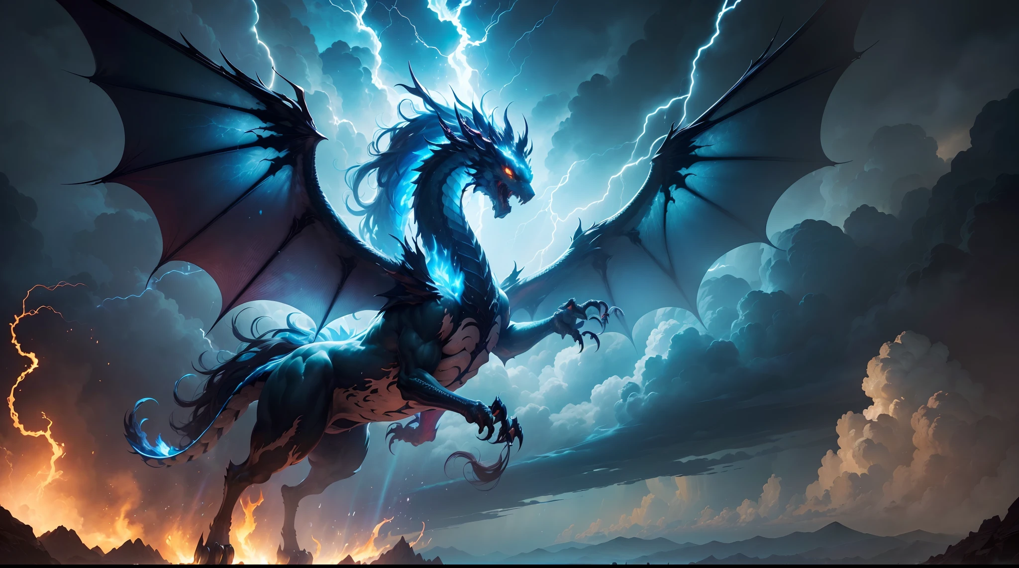 (The main subject: Wide-angle lens), The flame is light blue,[（multicolor，chinesedragon+banya+flowing mane+sharp claws and fangs)+(Dynamic and powerful wings）], Lightning,dramatic clouds,(Deep depth of field), rich details​, (Wide sky), (sense of vastness),Energy and vitality, Intricate details.(Best quality, A high resolution, Masterpiece:1.2), (Realistic:1.37), hdr。