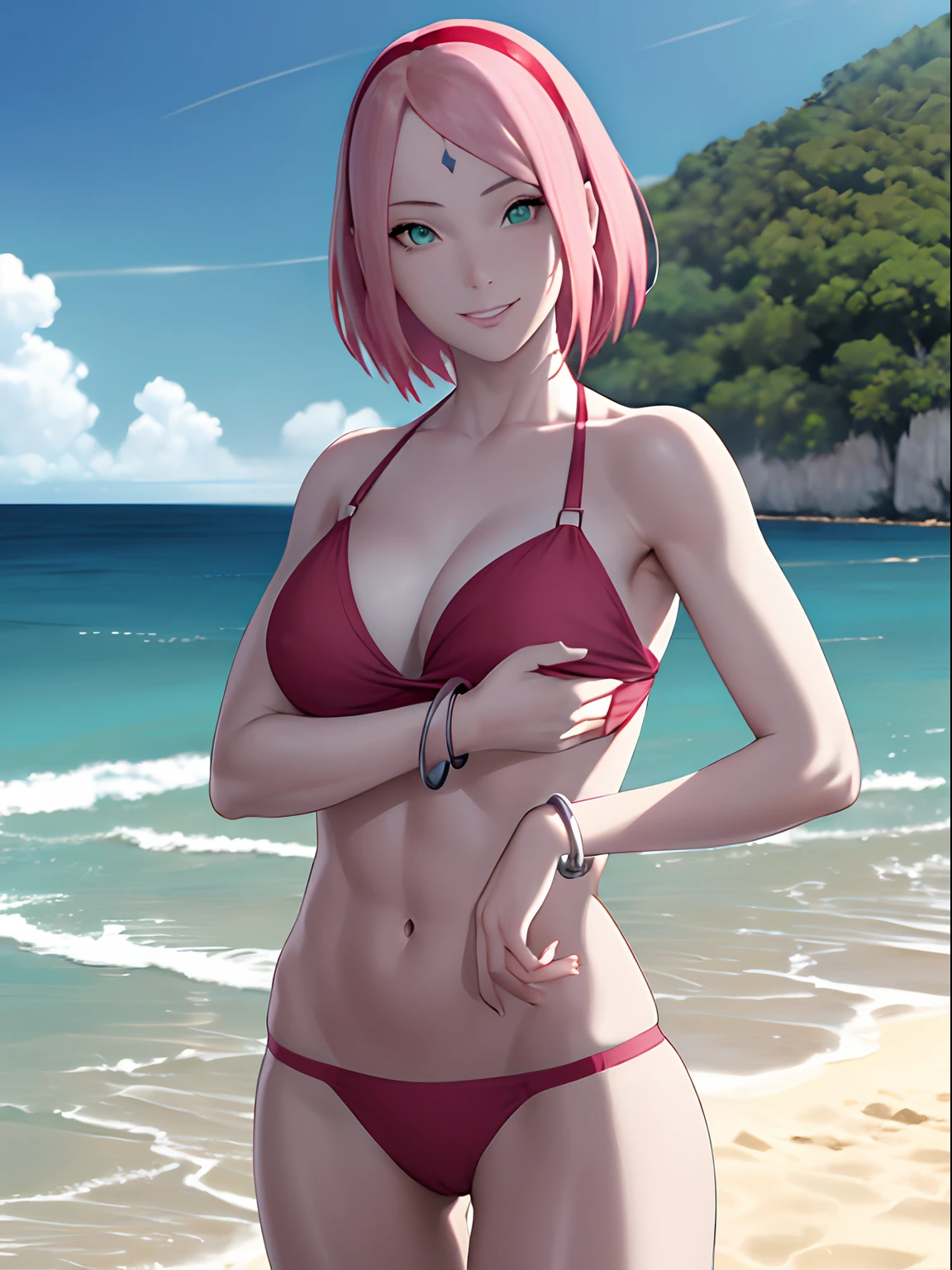 masterpiece, 1k, portrait, face shot, professional artwork, detailed beach background, intricate details, colorful, digital blending, (ultra detailed body, ultra detail hair, ultra detail face), trending on pixiv, kind smile, very hot color, best quality, anime style: 1.9, 1girl, hires, haruno sakura, contrasty lighting, (forehead mark, milf, red hairband, pale skin, short hair, pink skimpy ??????, navel, groin, bracelet, looking at viewer, crossed arms, pink hair, green eyes, smile, beach, wind, floating hair, detailed arms, off-shoulders, muscular arms, standing), sunnyday