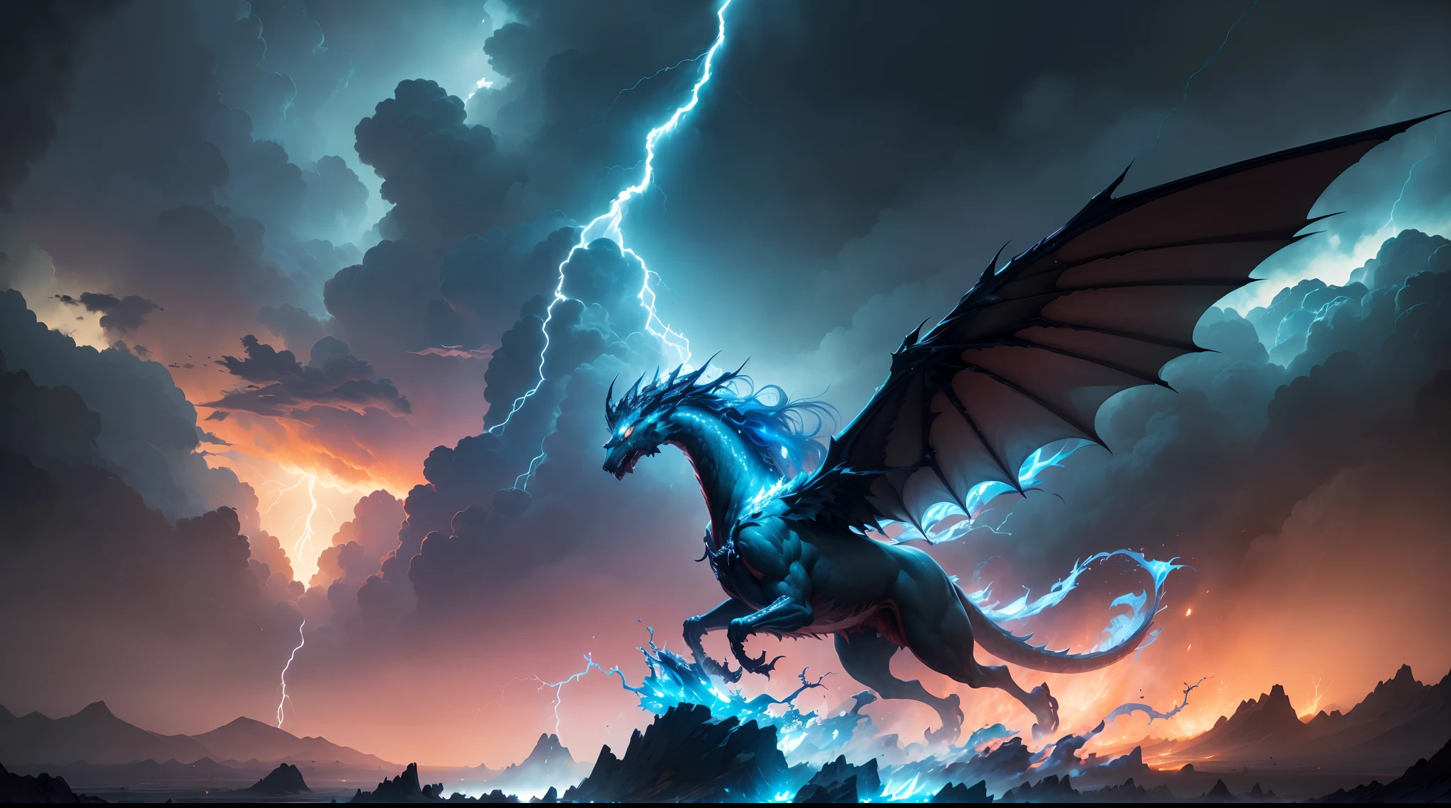 (The main subject: Wide-angle lens), The flame is light blue,[（multicolor，chinesedragon+banya+flowing mane+sharp claws and fangs)+(Dynamic and powerful wings）], Lightning,dramatic clouds,(Deep depth of field), rich details​, (Wide sky), (sense of vastness),Energy and vitality, Intricate details.(Best quality, A high resolution, Masterpiece:1.2), (Realistic:1.37), hdr。