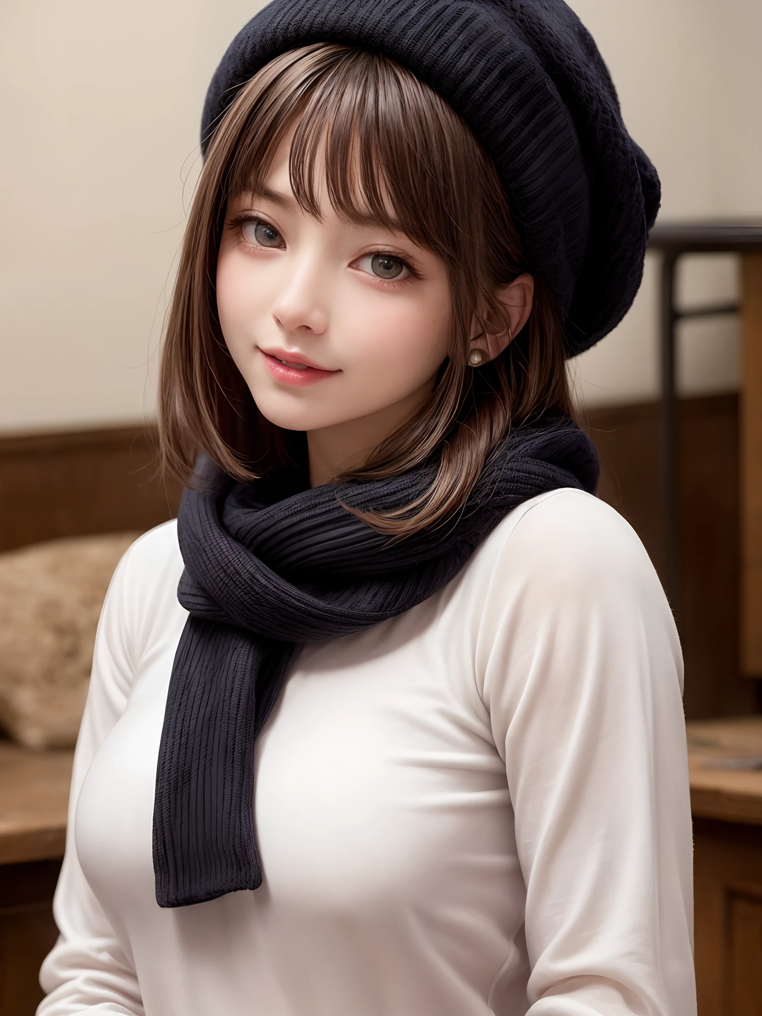 (​masterpiece, top-quality、Very attractive adult beauty、Add intense highlights to the eyes、Look firmly at the camera),1girl in, 独奏, A dark-haired, scarf, Hats,, realisitic, looking at the viewers, black eyes of light color, shorth hair, coat, Winter clothes, White headscarf, s lips, lipgloss，bangss, The upper part of the body、big eye、Lashes)、((Road system in Italy))、((Shorthair with bangs、big eye、Put very strong highlights in your students、very Bigger breasts、gazing at viewer、Very beautiful beauty、Put your ears out、long neck、little smiling、Beautiful teeth、Open your mouth and smile))、28 year old、Very cute supermodel