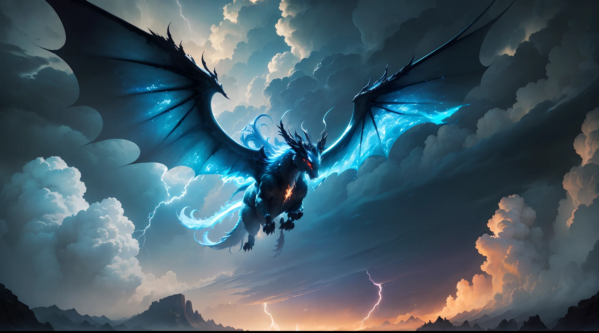 (The main subject: Wide-angle lens), The flame is light blue,[（multicolor，chinesedragon+banya+flowing mane+sharp claws and fangs)+(Dynamic and powerful wings）], Lightning,dramatic clouds,(Deep depth of field), rich details​, (Wide sky), (sense of vastness),Energy and vitality, Intricate details.(Best quality, A high resolution, Masterpiece:1.2), (Realistic:1.37), hdr。