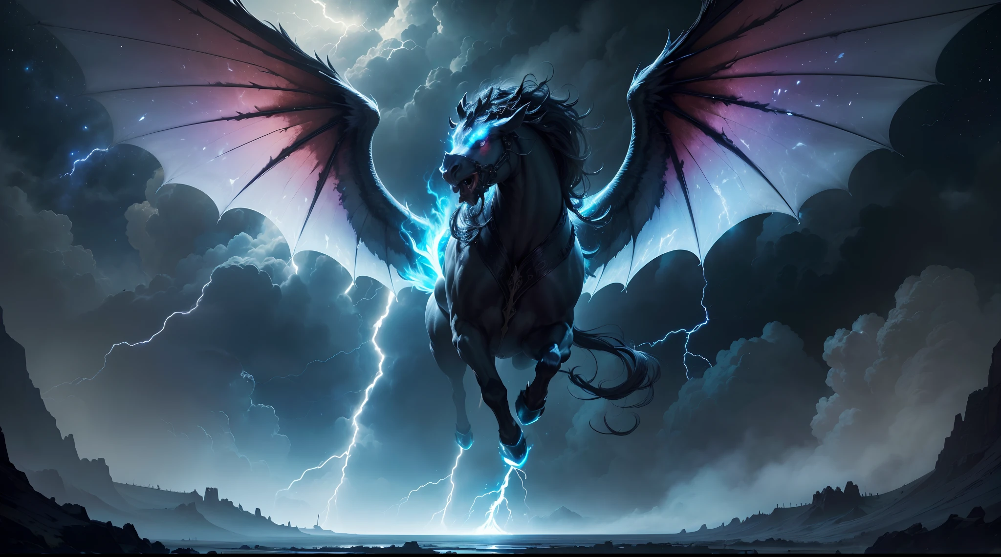 (The main subject: Wide-angle lens), The flame is light blue,[（multicolor，A mythical beast+horn+flowing mane+sharp claws and fangs)+(Dynamic and powerful wings）], Lightning,dramatic clouds,(Deep depth of field), rich details​, (Wide sky), (sense of vastness),Energy and vitality, Intricate details.(Best quality, A high resolution, Masterpiece:1.2), (Realistic:1.37), hdr。