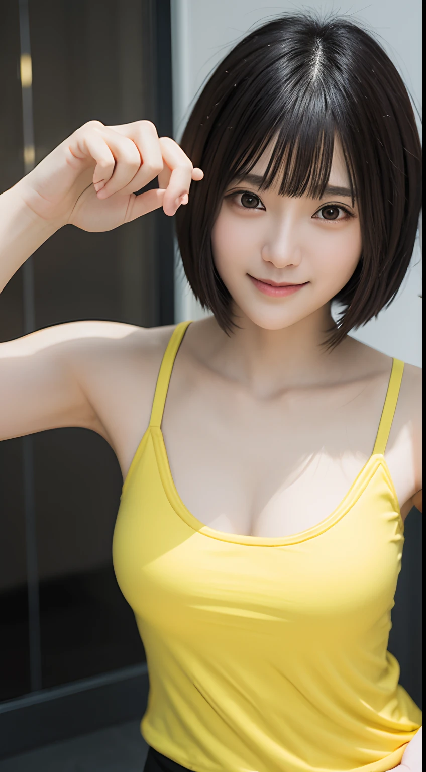 8K raw photo beauty:2.0, short-hair, great face and dark eyes, stares at the camera,(A smile:1.6), show teeth, Show the armpits, Running, Sprint, dynamicposes, Vibrant poses,(Purple leotard:1.2)、Wear sneakers:1.4, Photorealsitic:1.9, extremely detailed CG unified 8k wallpaper, Highly detailed, High-definition raw color photos, professional photograpy,face forwards,Yellow background, sexy portrait of girl