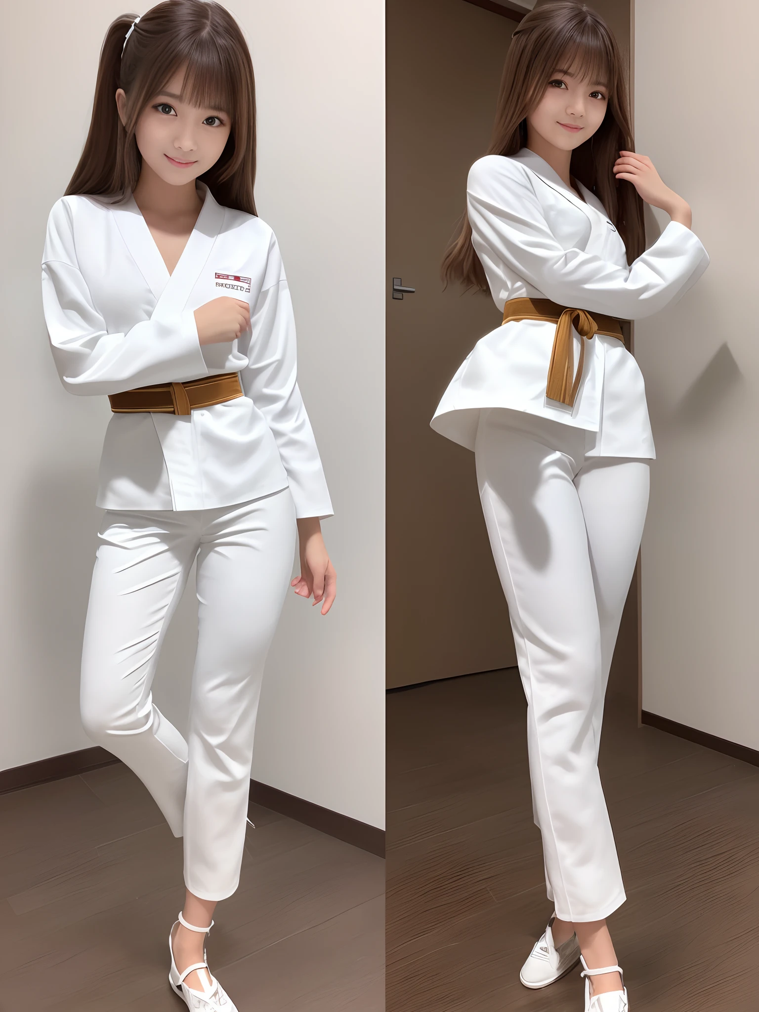 (Photorealsitic)(sixteen years old), Perfectly beautiful woman, (Full body 8K portrait), Large and dynamic hand and foot movements, White Karate Uniform, White karate pants, Large bust,Stand alone, Large and dynamic hand and foot movements, Make a high side kick, Correct skeleton, Perfect facial detail, (Smile: 1.15), attractive beautiful face, gazing at viewer, a small face, 二重まぶた, Beautiful detailed eyes, long eyeslashes, ligh brown hair, poneyTail, Toned waist, Beautiful thin legs, toned ankles, bare-legged ,TOKYOcty