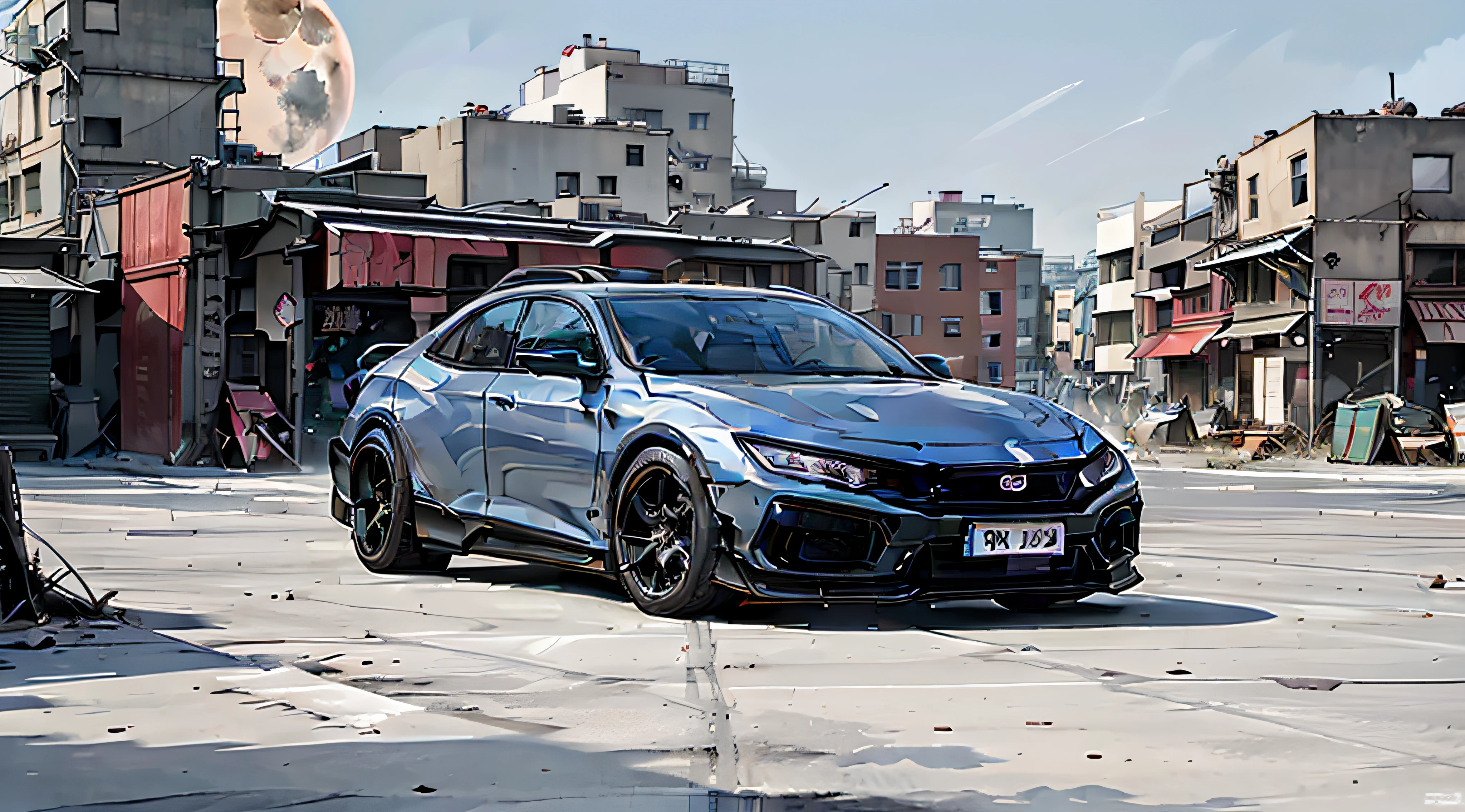 Honda Civic sedan,2023s,(hyper realisitc)8K,(realisticlying)Focus on your head,In the middle of an abandoned city,There are dark details around,The big moon is in the sky,Picture HD,Large size drawings,Realistic and clear,