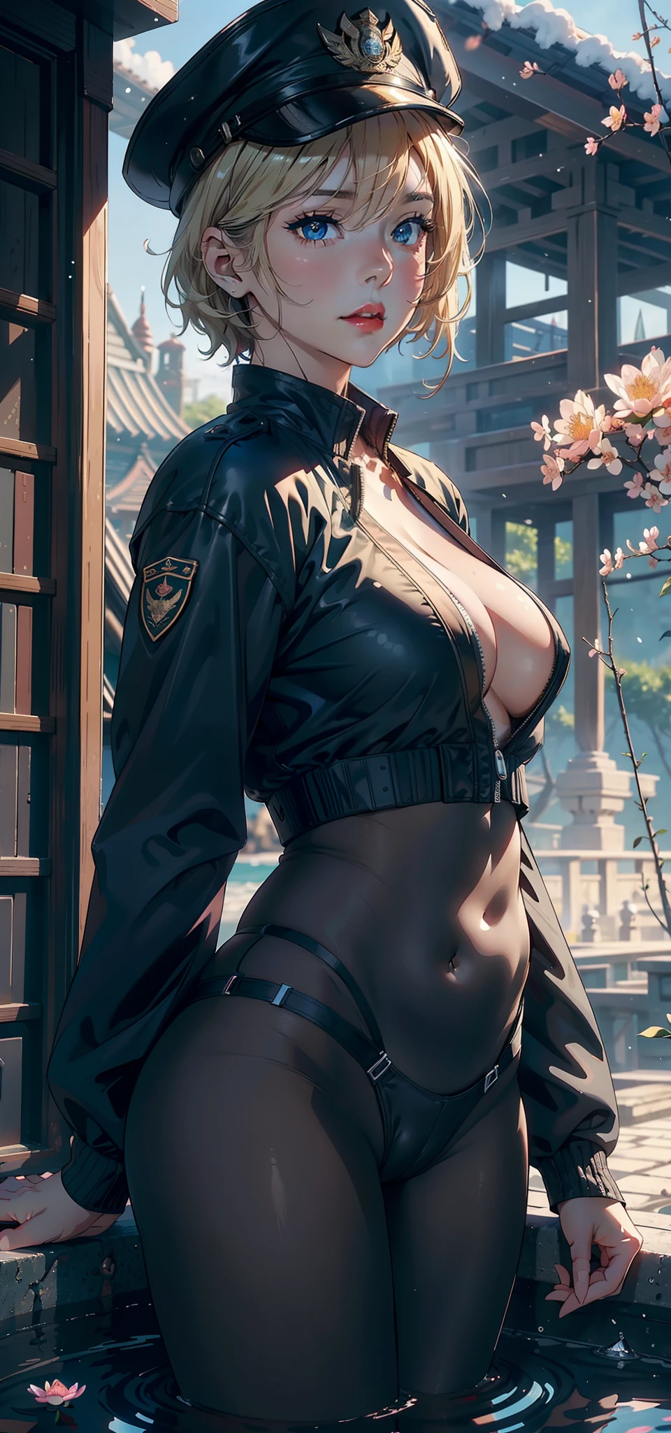 1female，Married Woman，A MILF，熟妇，mature，extremely large bosom，plumw（Background with：Mare，Military port，battleships，submarine，Cherry blossom forest，lotus flower）Lie underwater， She has short blonde hair，bobo head，seen from the front，mostly cloudy sky，（（（tmasterpiece），（Very detailed CG unity 8K wallpaper），best qualtiy，cinmatic lighting，detailed back ground，beatiful detailed eyes，Bright pupils，Blue eyes，Snow-whiteskin，Redlip（Very fine and beautiful），（Beautiful and detailed eye description），ultra - detailed，tmasterpiece，））facing at camera，A high resolution，ultra - detailed），revealing breasts，Bare genitalia，  Bulge，legs are open，Raised sexy，Camel toes，Desire for dissatisfaction，frontage，beautiful angel，Angel wings（Wearing ： Black pantyhose ，Dark green bomber jacket）Officer's cap