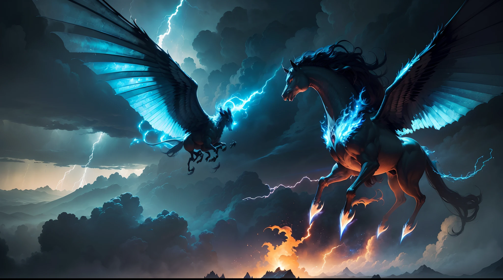 (The main subject: Wide-angle lens), The flame is light blue,[（multicolor，A mythical beast+horn+flowing mane+sharp claws and fangs)+(Dynamic and powerful wings）], Lightning,dramatic clouds,(Deep depth of field), rich details​, (Wide sky), (sense of vastness),Energy and vitality, Intricate details.(Best quality, A high resolution, Masterpiece:1.2), (Realistic:1.37), hdr。