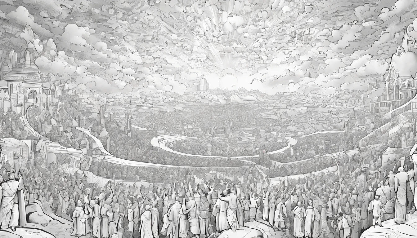 The Rapture ,Thousands of people are floating in the air,Standing on the clouds, Thousands of people are dressed in white, Raise your hands and sing hymns to praise God. The scenes are magnificent and surreal. (Best Quality, 4k, 8K, high resolucion, Masterpiece:1.2), Ultra-detailed, (realisitic, Photorealistic, Realistis:1.37), portrait of a, Vivid colors, studio lit, Sharp focus, physics based rendering, extreme detail description, Biblical Topics, grand ambience, radiant light.