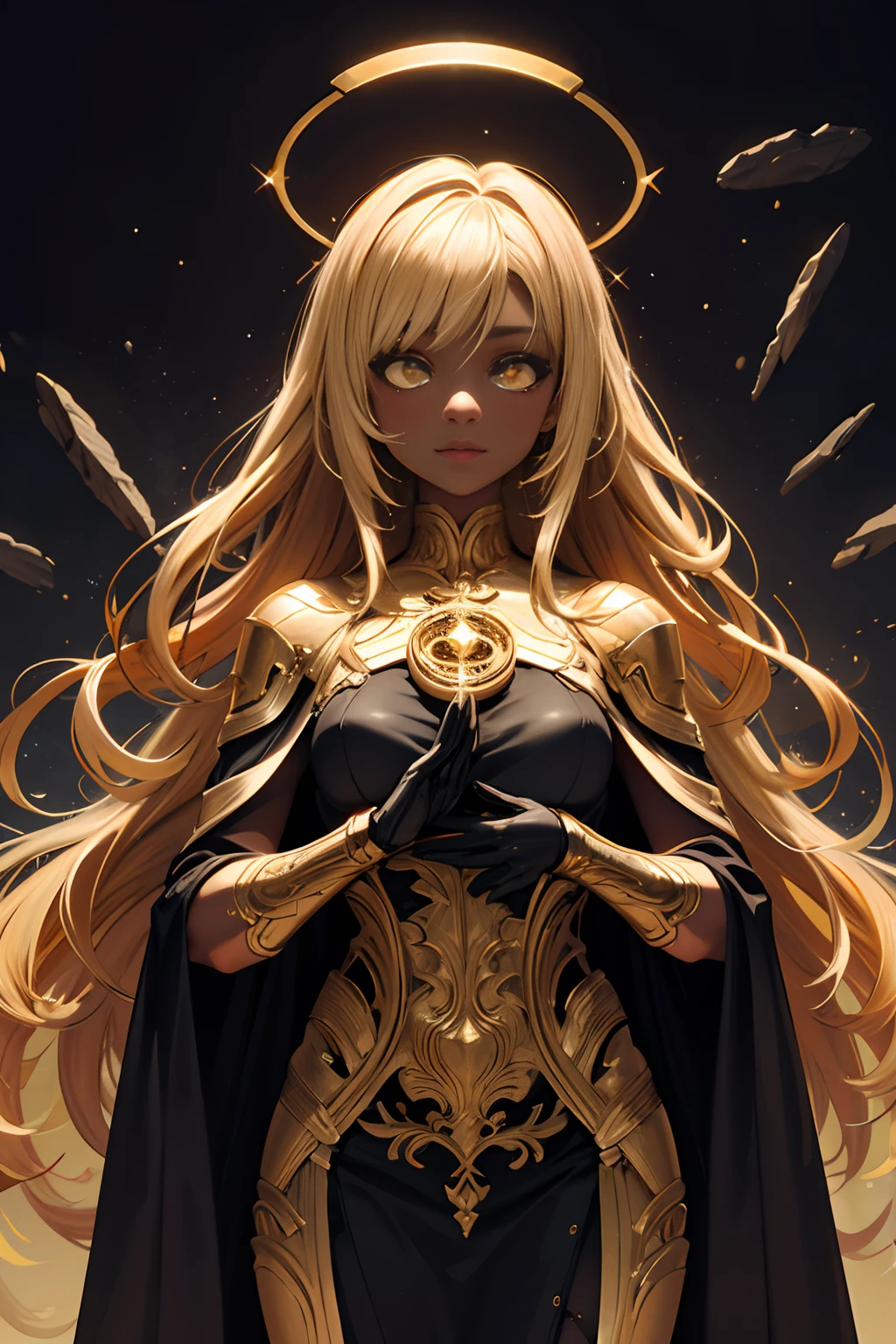 (intricate details), (****), eldritch, (dream), illustration, heaven background, roses, 1girl, short curly bright yellow hair, golden eyes, long, goddess, halo, (dark skin), serene, looking at viewer, gold, superhero, (black:1.2), plants, (white:0.8), immaculate, heroic \(theme\), glow, glowing eyes, (sparkly:0.9 gold), sy3, SMM