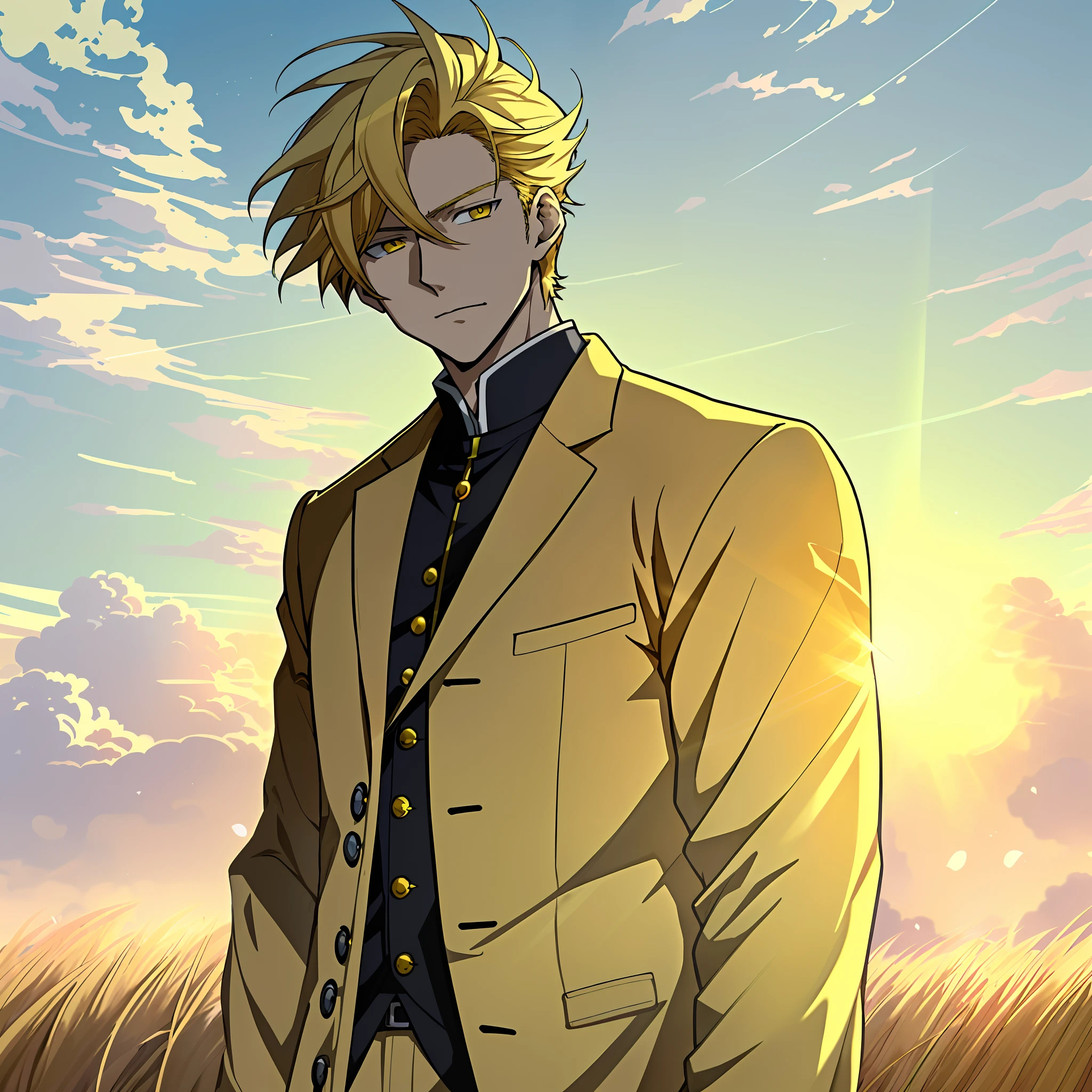 Anime boy in rye field with sunrise background, Anime handsome man，Blonde hair，yellow cat eyes，White trench coat，White color blouse，Golden decoration, Anime portrait of a handsome man,holy rays，With a sense of sacredness，Official illustration, offcial art, young anime man, Key anime art, Smooth anime CG art, Handsome anime pose