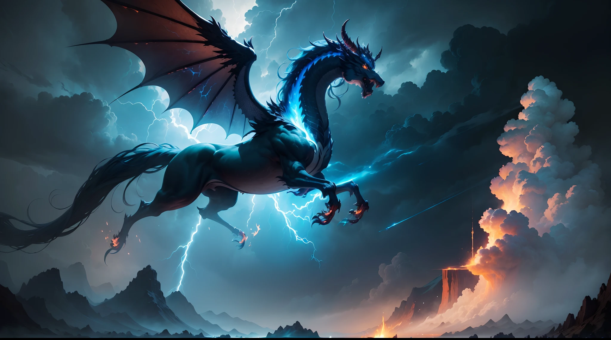 (The main subject: Wide-angle lens), The flame is light blue,[（multicolor，chinesedragon+horn+flowing mane+sharp claws and fangs)+(Dynamic and powerful wings）], Lightning,dramatic clouds,(Deep depth of field), rich details​, (Wide sky), (sense of vastness),Energy and vitality, Intricate details.(Best quality, A high resolution, Masterpiece:1.2), (Realistic:1.37), hdr。