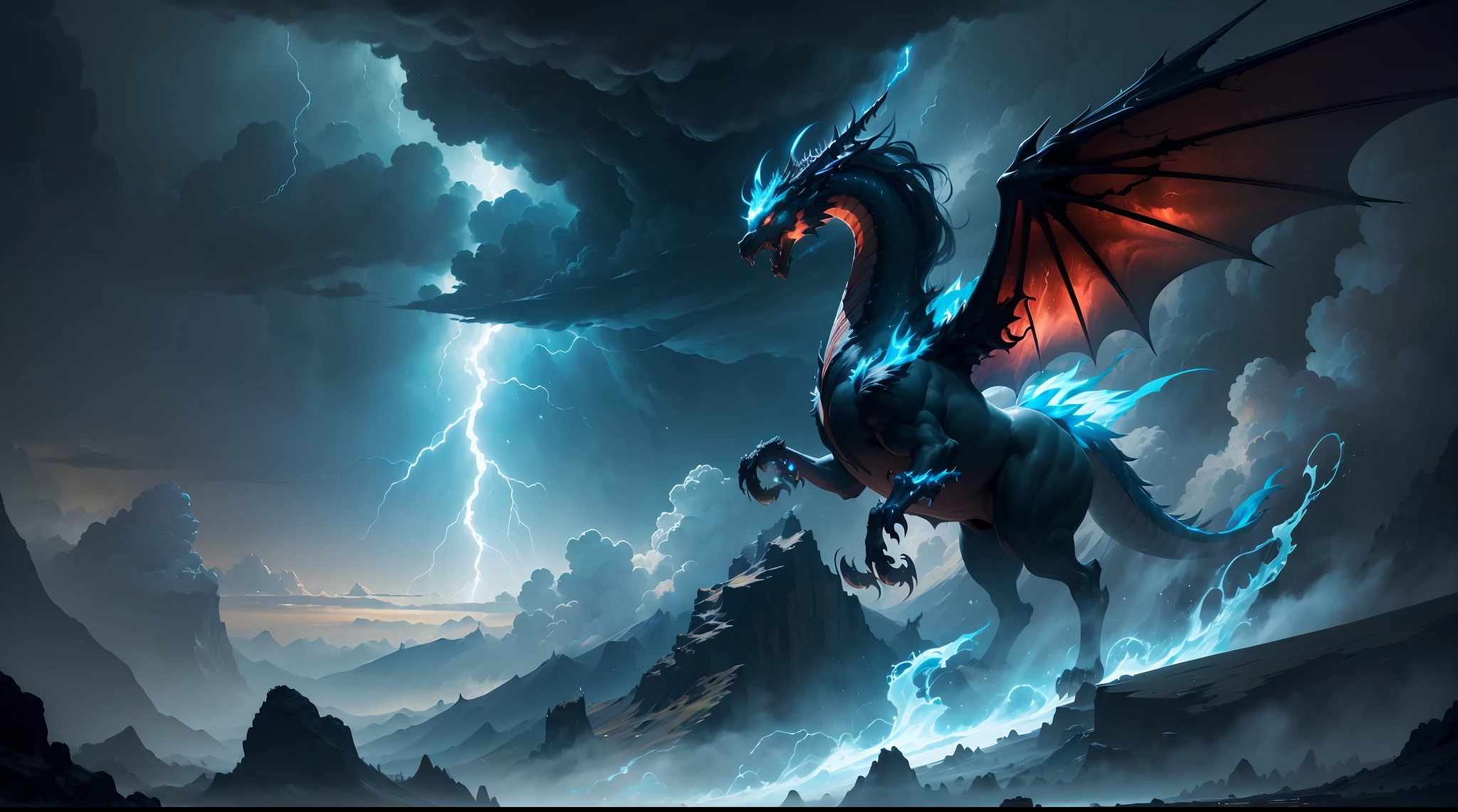 (The main subject: Wide-angle lens), The flame is light blue,[（multicolor，chinesedragon+horn+flowing mane+sharp claws and fangs)+(Dynamic and powerful wings）], Lightning,dramatic clouds,(Deep depth of field), rich details​, (Wide sky), (sense of vastness),Energy and vitality, Intricate details.(Best quality, A high resolution, Masterpiece:1.2), (Realistic:1.37), hdr。