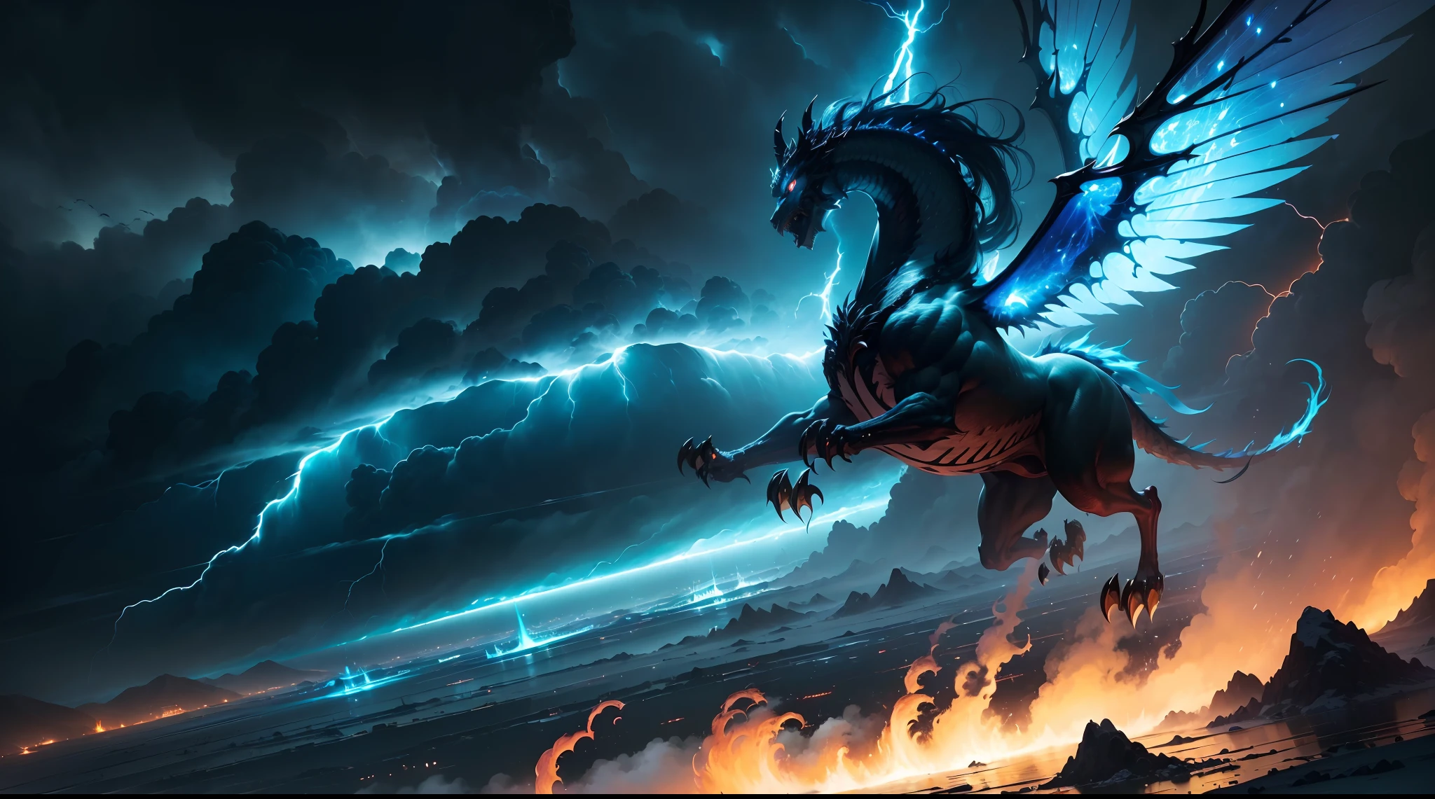 (The main subject: Wide-angle lens), The flame is light blue,[（multicolor，chinesedragon+horn+flowing mane+sharp claws and fangs)+(Dynamic and powerful wings）], Lightning,dramatic clouds,(Deep depth of field), rich details​, (Wide sky), (sense of vastness),Energy and vitality, Intricate details.(Best quality, A high resolution, Masterpiece:1.2), (Realistic:1.37), hdr。