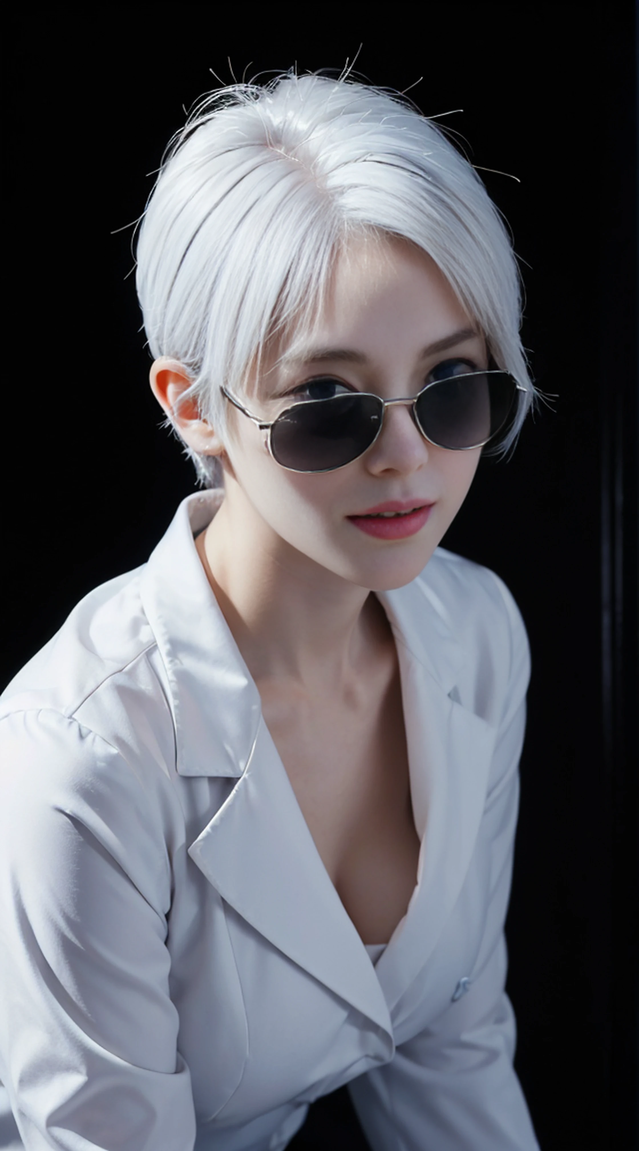 8K, Top Quality, Intricate Details, Ultra Detail, Ultra High Resolution, Masterpiece, random angle, Slender, Smile, (Makeup: 0.4), (Fluffy Blue Eyes: 1.21), blue Eyes, looking at viewer, ((full body)), 1girl, solo, 1 girl, (( full body)), close up shot, , ((tall)), (((fit body))), (((slim face))), sharp face, sharp eyes, (((white hair, very short hair, )) , (detailed face), sharp face, small lips,
(((Black sunglasses))), ((japanese school uniform)), detailed face, detailed breast, , large breast, detail ass, , Beautiful girl with accentuated slender abs: 1.4, Six Pack Abs: 1.4, Bust Botox, Big, Perfect Body, detail leg, (( moonlight)), top of mountain
