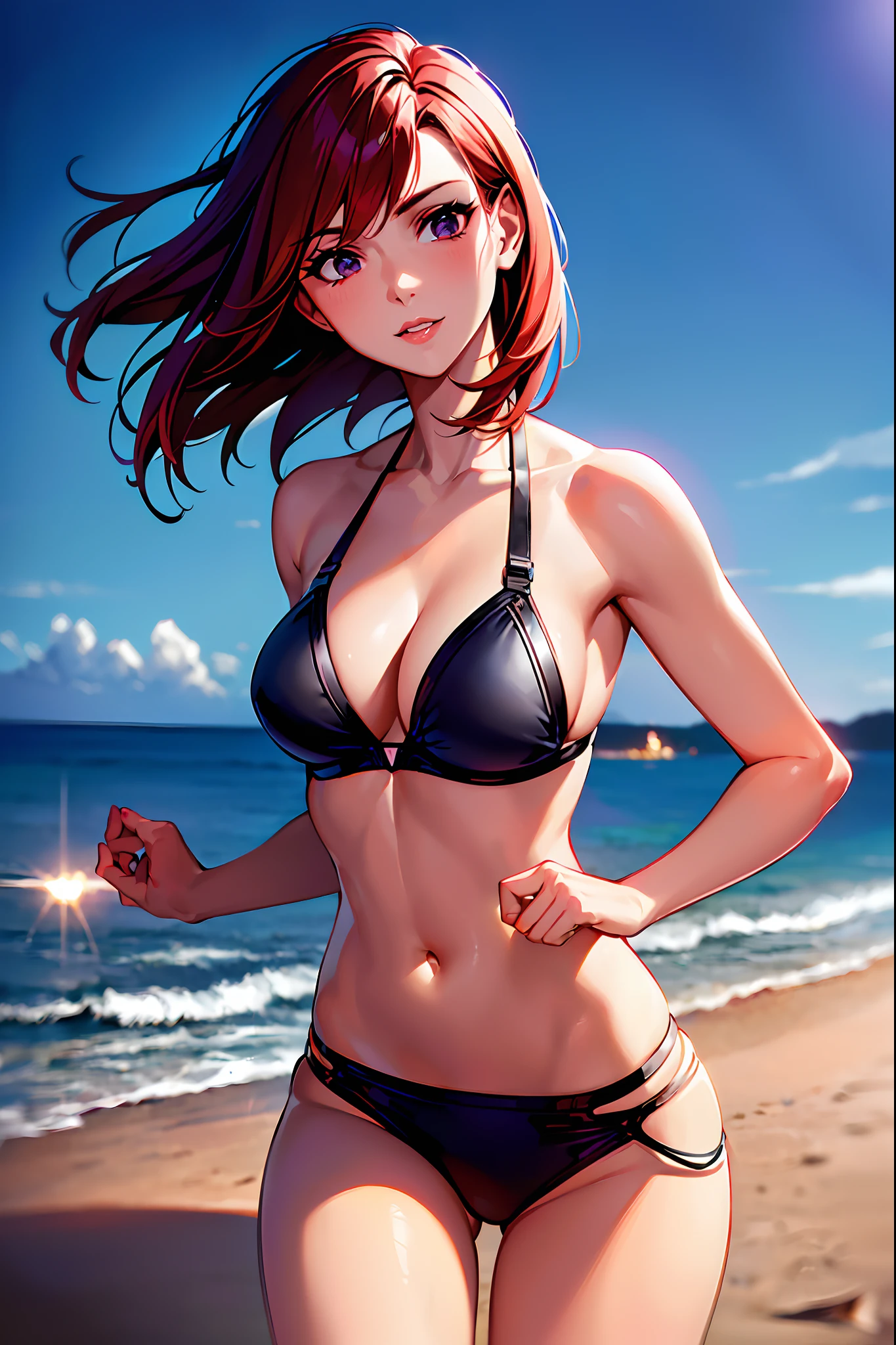 (Perfect Quality), the night, (Bright Starlight), a closeup of a, ((1 woman), Female Commander Shepard from Mass Effect, Redhead, athletic, beatiful face),( walking on the beach), (Hands Behind Your Back), (mini bikini)