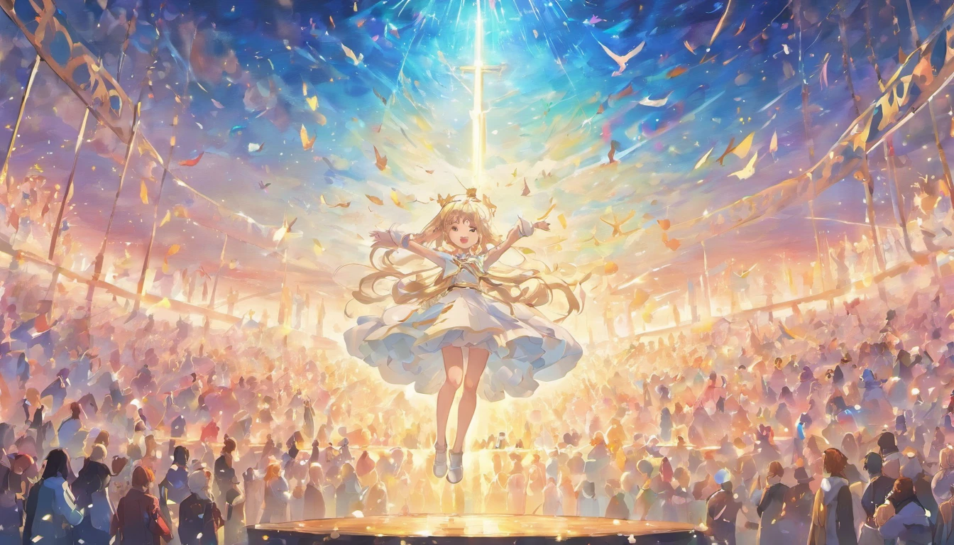 The Rapture ,Thousands of people are floating in the air,Standing on the clouds, Thousands of people are dressed in white, Raise your hands and sing hymns to praise God. The scenes are magnificent and surreal. (Best Quality, 4k, 8K, high resolucion, Masterpiece:1.2), Ultra-detailed, (realisitic, Photorealistic, Realistis:1.37), portrait of a, Vivid colors, studio lit, Sharp focus, physics based rendering, extreme detail description, Biblical Topics, grand ambience, radiant light.