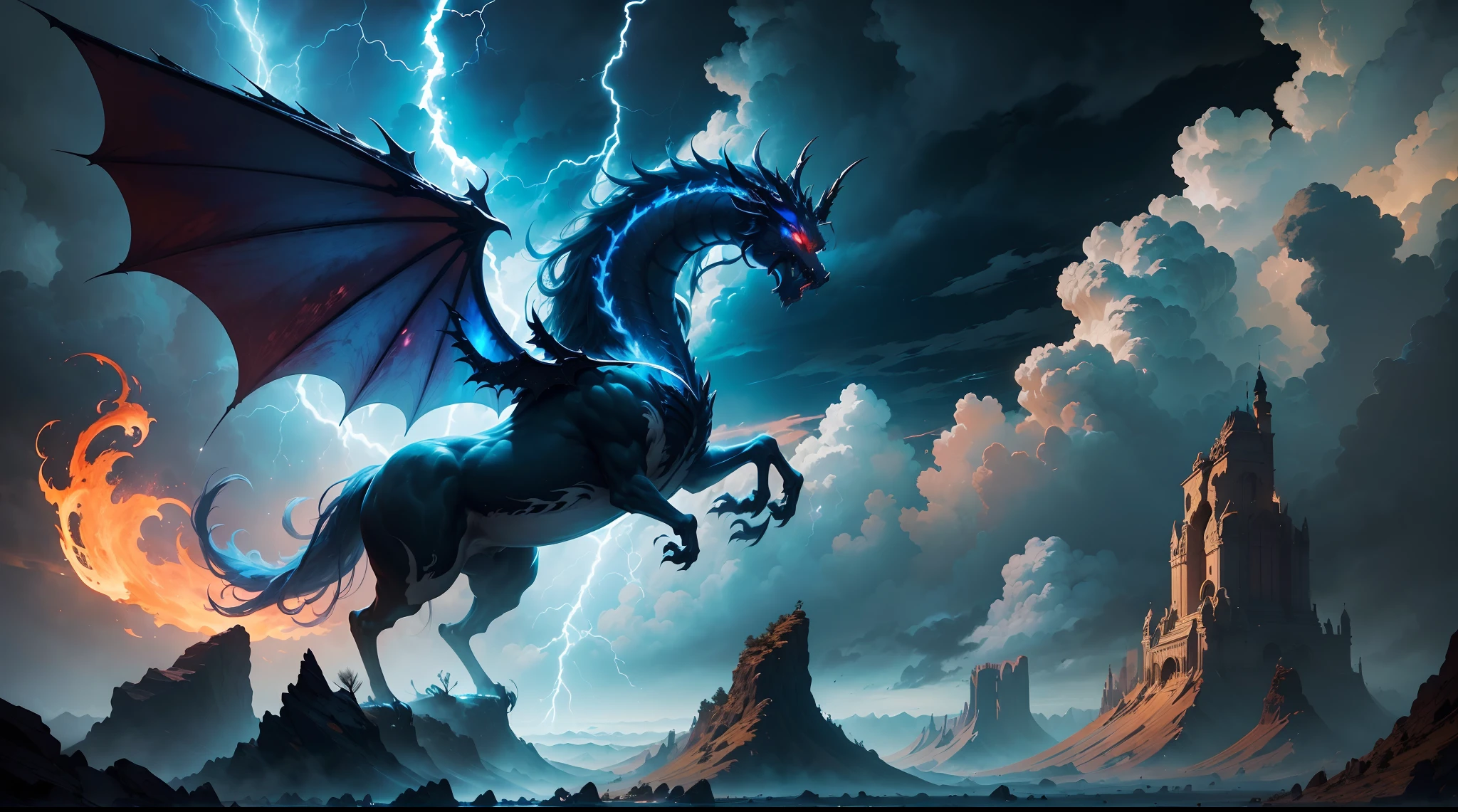 (The main subject: Wide-angle lens), The flame is light blue,[（multicolor，chinesedragon+horn+flowing mane+sharp claws and fangs)+(Dynamic and powerful wings）], Lightning,dramatic clouds,(Deep depth of field), rich details​, (Wide sky), (sense of vastness),Energy and vitality, Intricate details.(Best quality, A high resolution, Masterpiece:1.2), (Realistic:1.37), hdr。