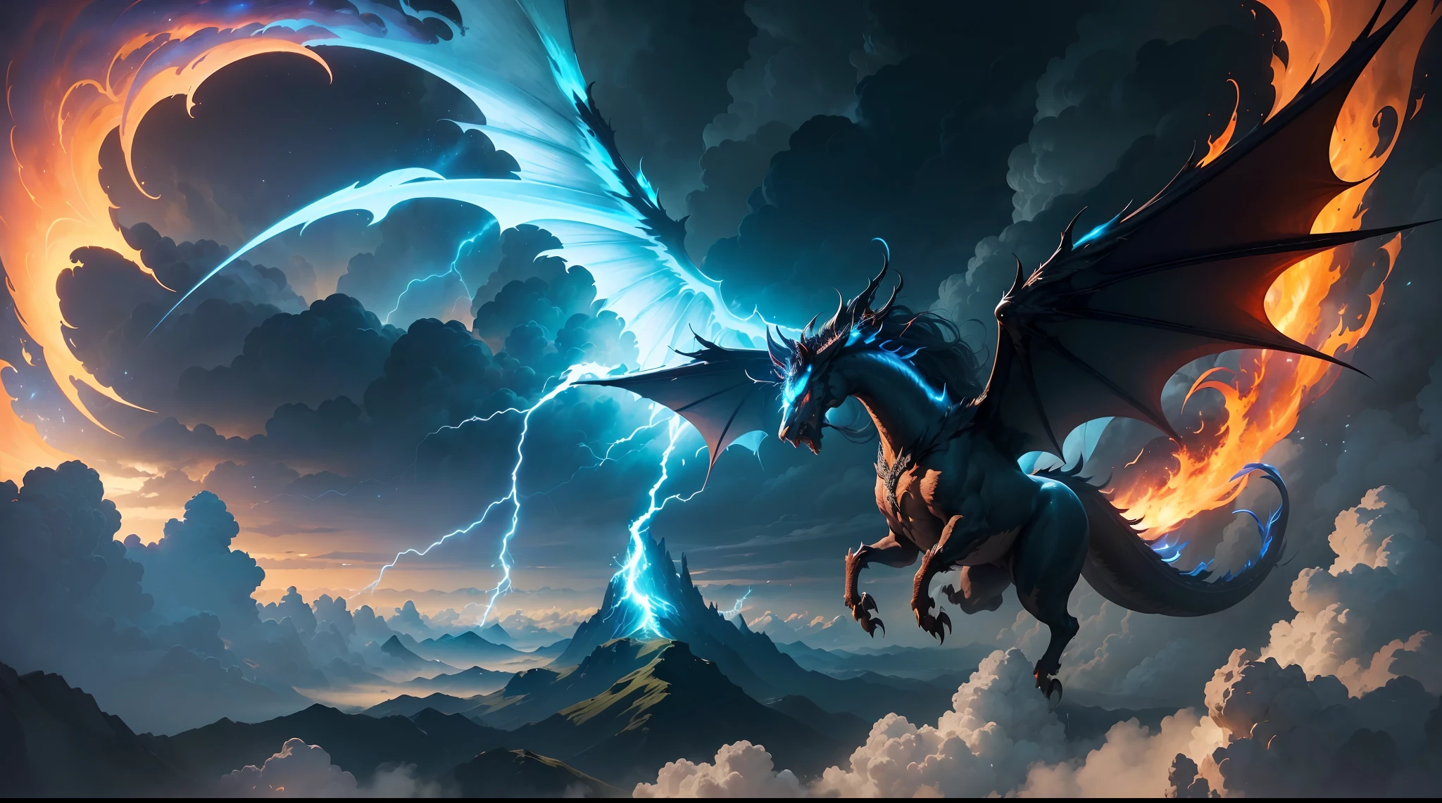 A dragon flying through the sky with a lightning bolt in the background ...