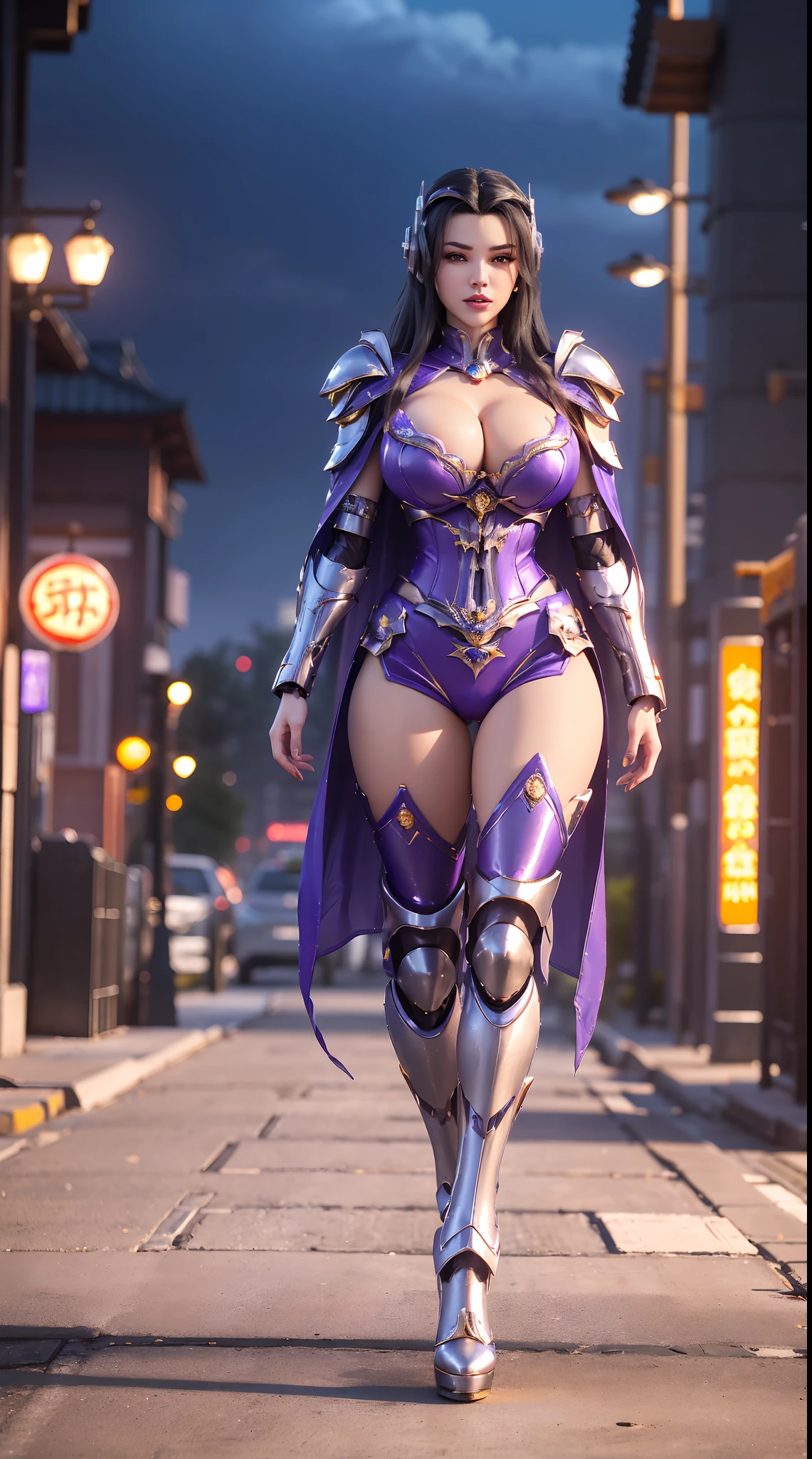1GIRL, SOLO, (ssmile, makeup, beautifull eyes, gold ornament hair), (HUGE FAKE BOOBS:1.3), (GUARD ARM), (BLACK, PURPLE, IN FUTURISTIC DRAGON ARMOR, GIRL IN MECHA CYBER ARMOR, ROYAL CAPE, CLEAVAGE, SKINTIGHT HOTPANTS, HIGH HEELS:1.5), (SLENDER BODY, SEXY LONG LEGS, FULL BODY:1.3), (LOOKING AT VIEWER:1), (WALKING DOWN ON STREET NIGHT CITY:1.3), PHYSICALLY-BASED RENDERING, ULTRA HIGHT DEFINITION, 8K, 1080P.