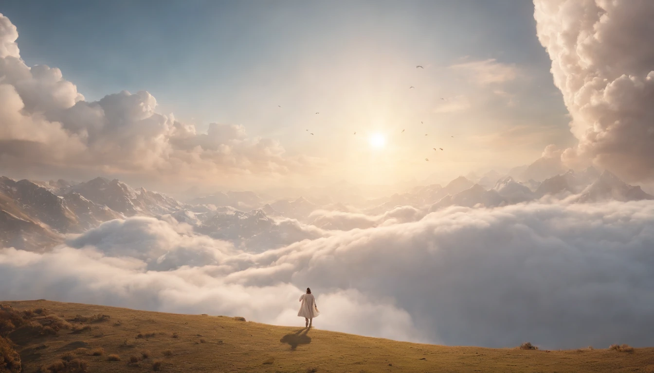 The Rapture ,Thousands of people are floating in the air,Standing on the clouds, Thousands of people are dressed in white, Raise your hands and sing hymns to praise God. The scenes are magnificent and surreal. (Best Quality, 4k, 8K, high resolucion, Masterpiece:1.2), Ultra-detailed, (realisitic, Photorealistic, Realistis:1.37), portrait of a, Vivid colors, studio lit, Sharp focus, physics based rendering, extreme detail description, Biblical Topics, grand ambience, radiant light.